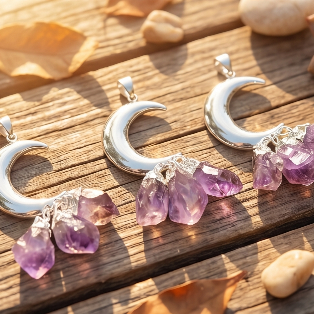 Amethyst Crystal Crescent Moon Pendant (Silver Plated)