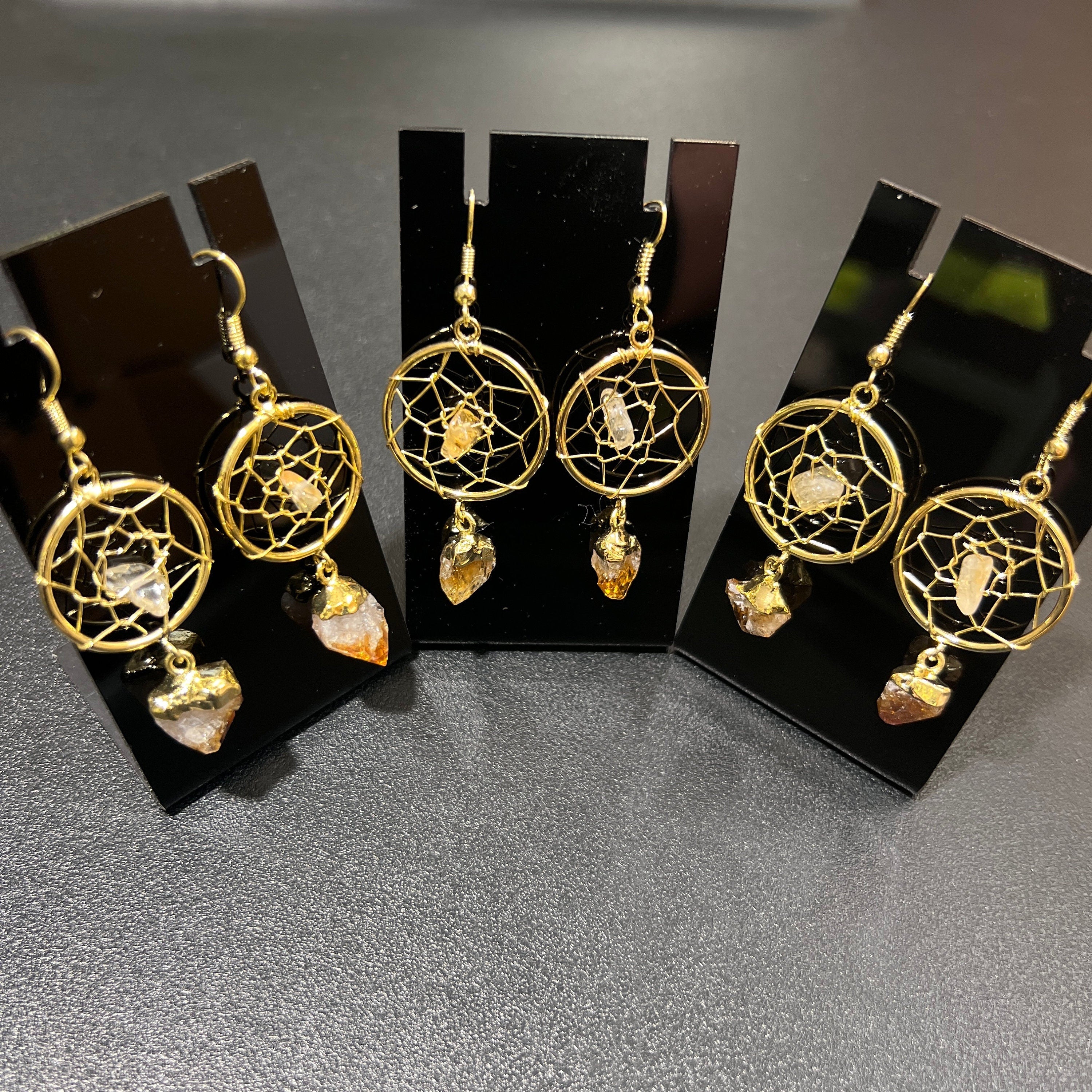 DreamCatcher Earrings Pair (Citrine Crystal)(Gold Plated)(Stainless Steel Hooks)