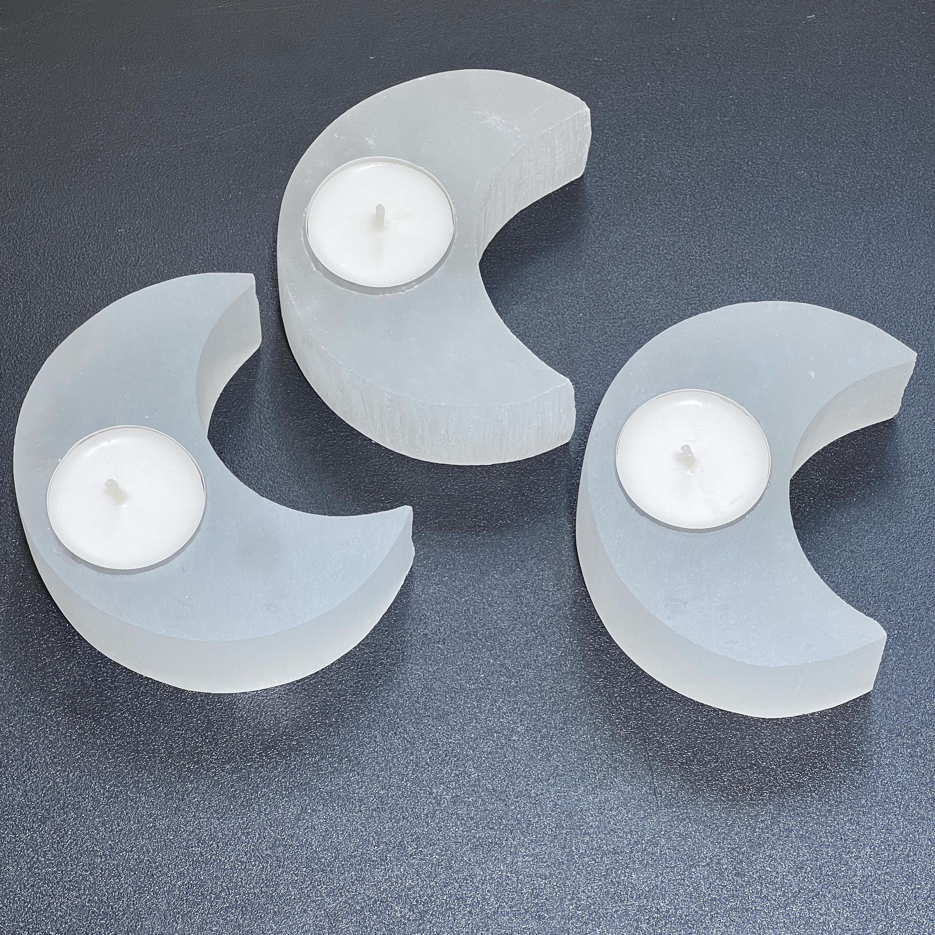 Selenite Satin Spar Crystal Crescent Moon Tealight Candle Carving