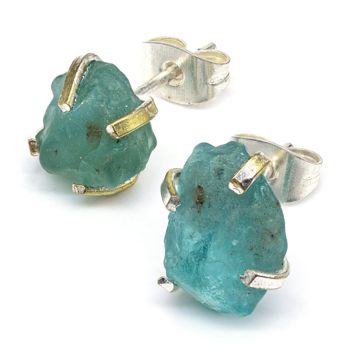 Raw Blue Topaz Stud Earrings with Silver Plating / 6mm AVG - 1 PAIR