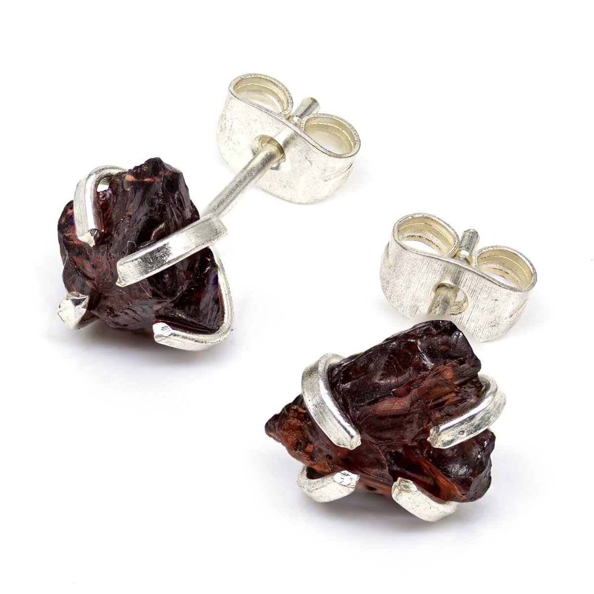 Raw Garnet Stud Earrings with Silver Plating / 6mm AVG - 1 PAIR
