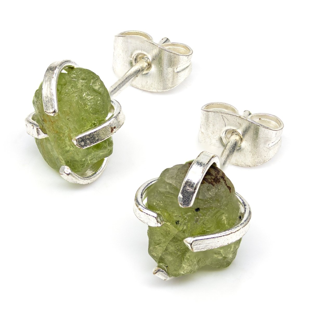 Raw Peridot Stud Earrings with Silver Plating / 6mm AVG - 1 PAIR
