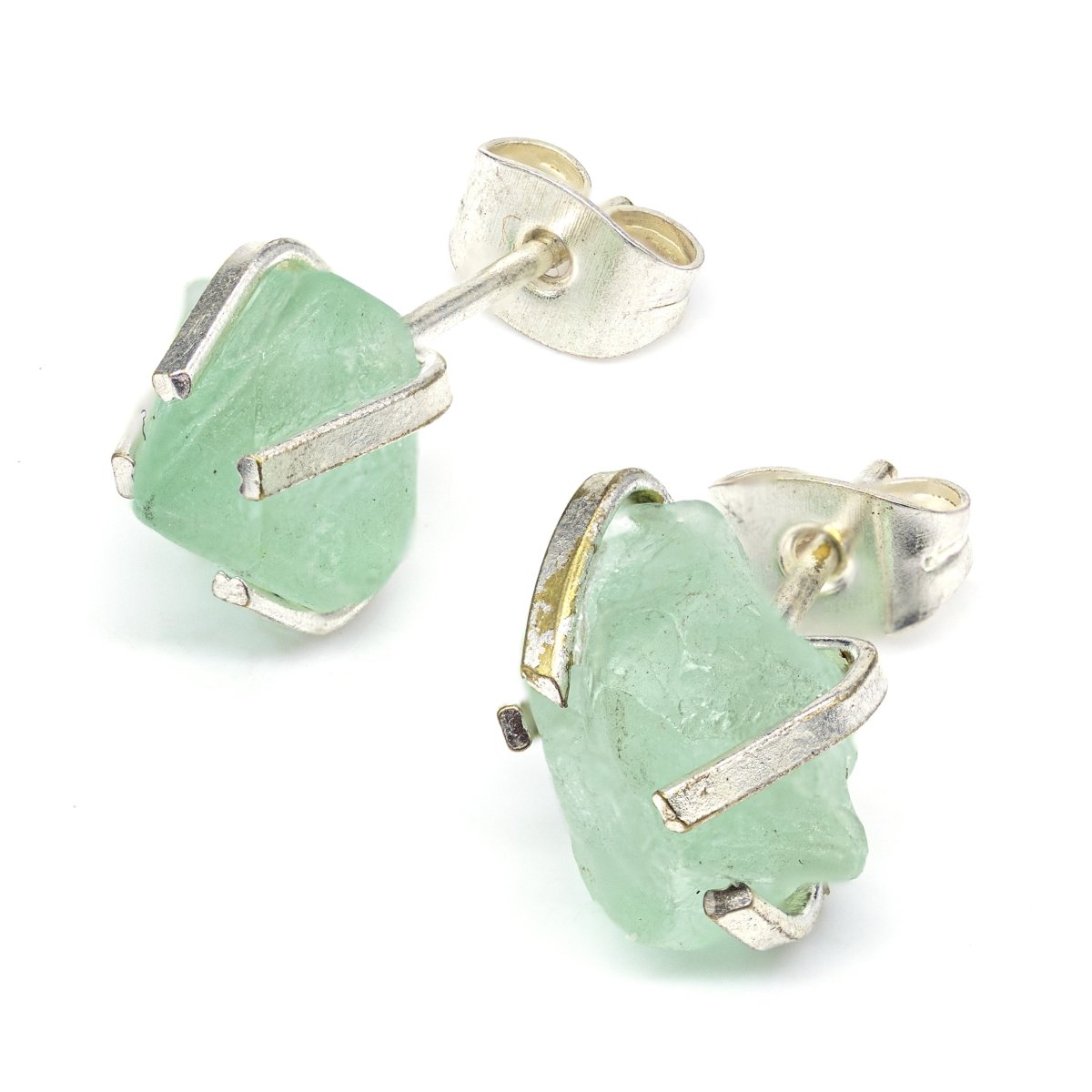 Raw Green Fluorite Stud Earrings with Silver Plating / 6mm AVG - 1 PAIR
