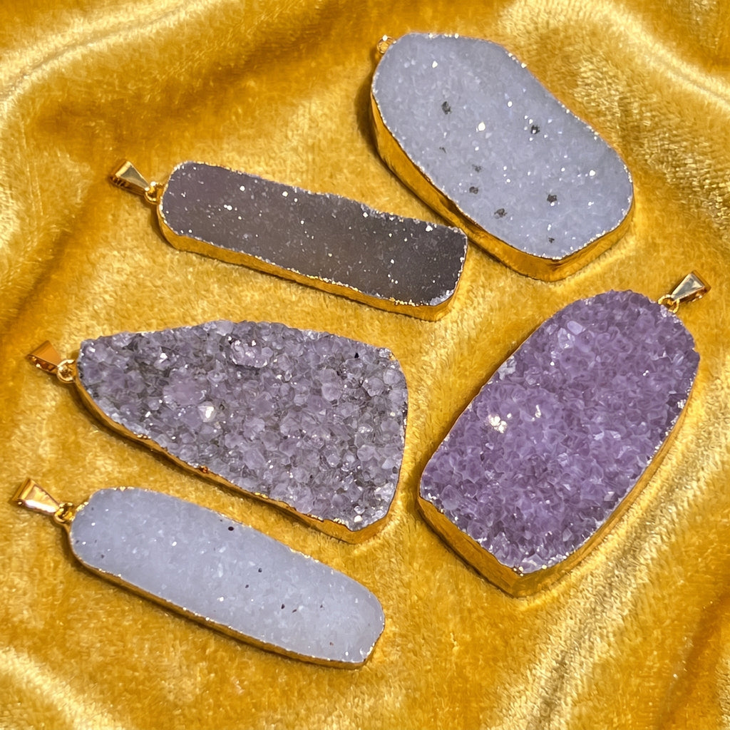 Large Agate and Amethyst Druzy Crystal Statement Pendants (Gold Plated)