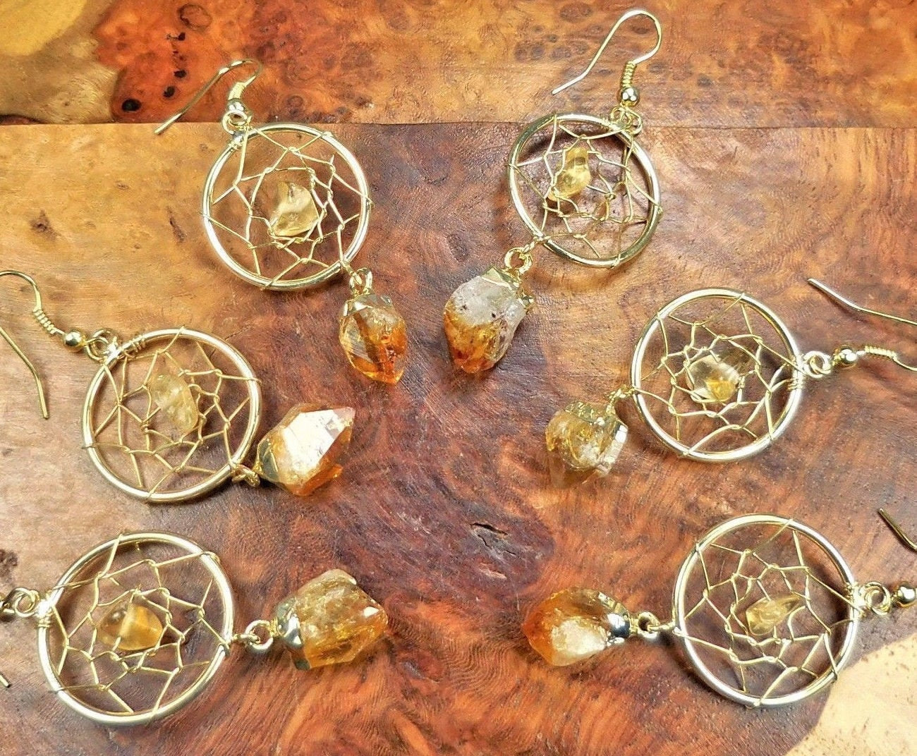 DreamCatcher Earrings Pair (Citrine Crystal)(Gold Plated)(Stainless Steel Hooks)