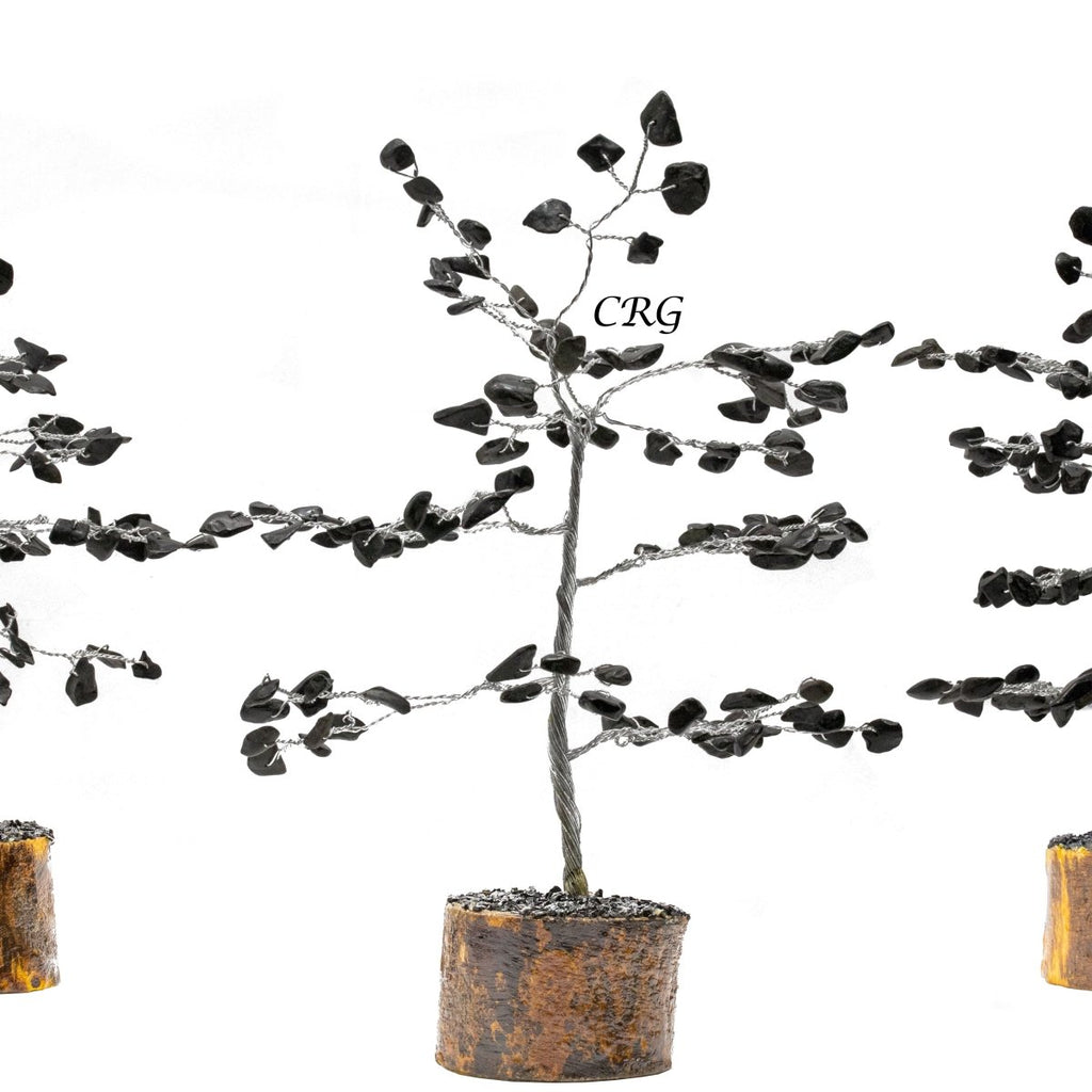 Black Tourmaline 100 Chip Tree with Wood Base and Silver Wire (4 Pieces) Size 6 Inches Gemstone Tree