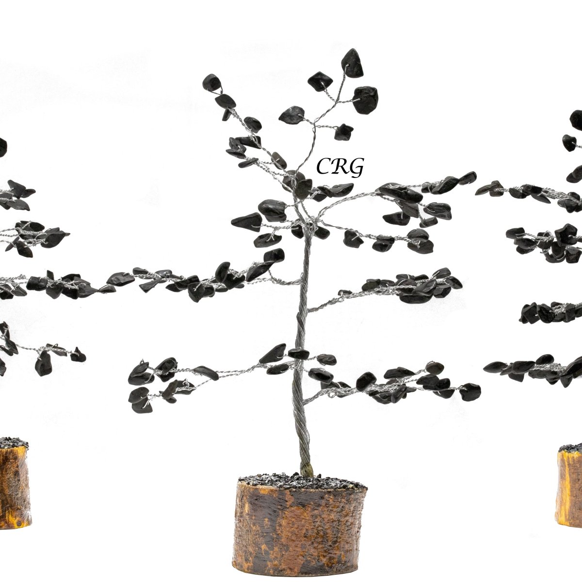 Black Tourmaline 100 Chip Tree with Wood Base and Silver Wire (4 Pieces) Size 6 Inches Gemstone Tree