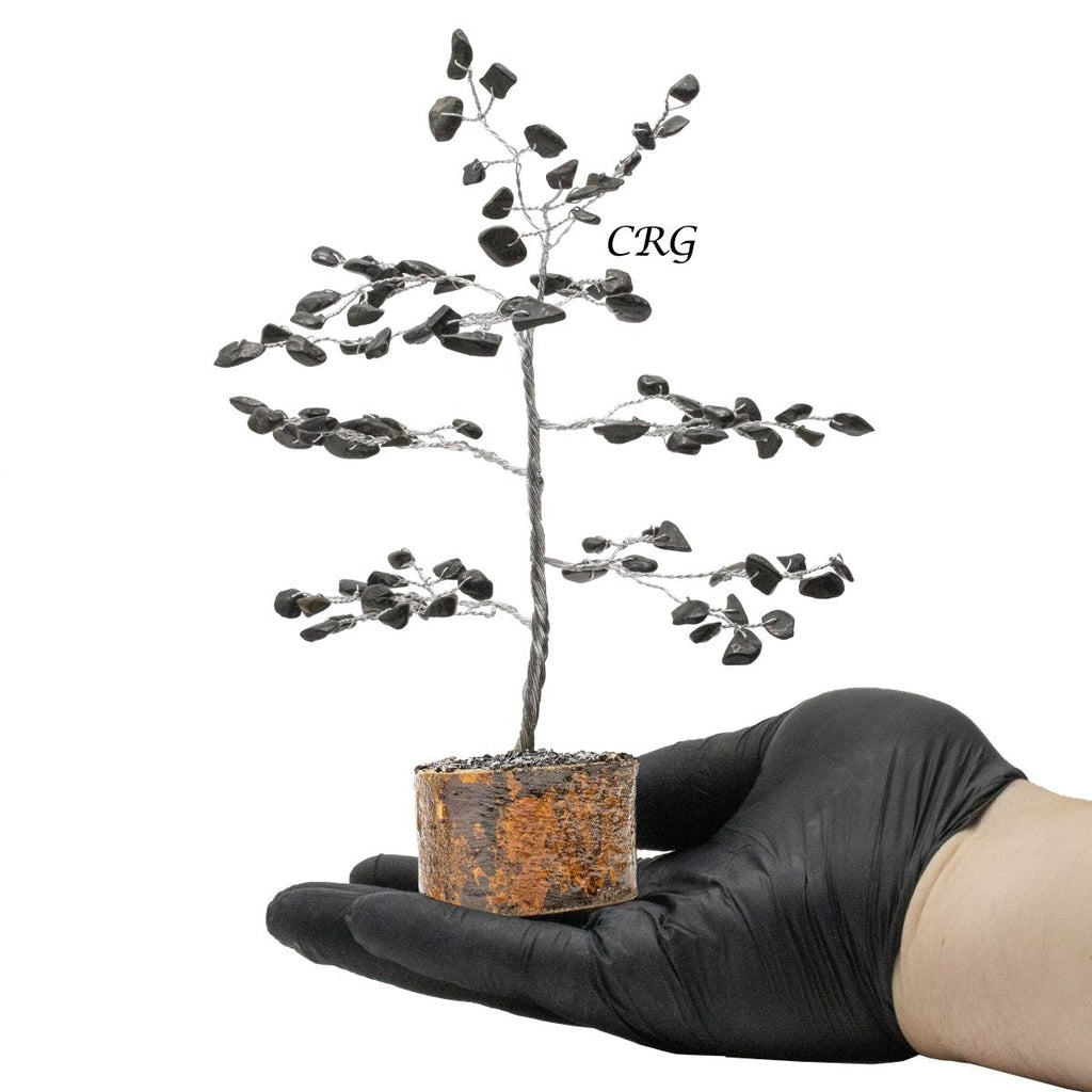 Black Tourmaline 100 Chip Tree with Wood Base and Silver Wire (4 Pieces) Size 6 Inches Gemstone Tree