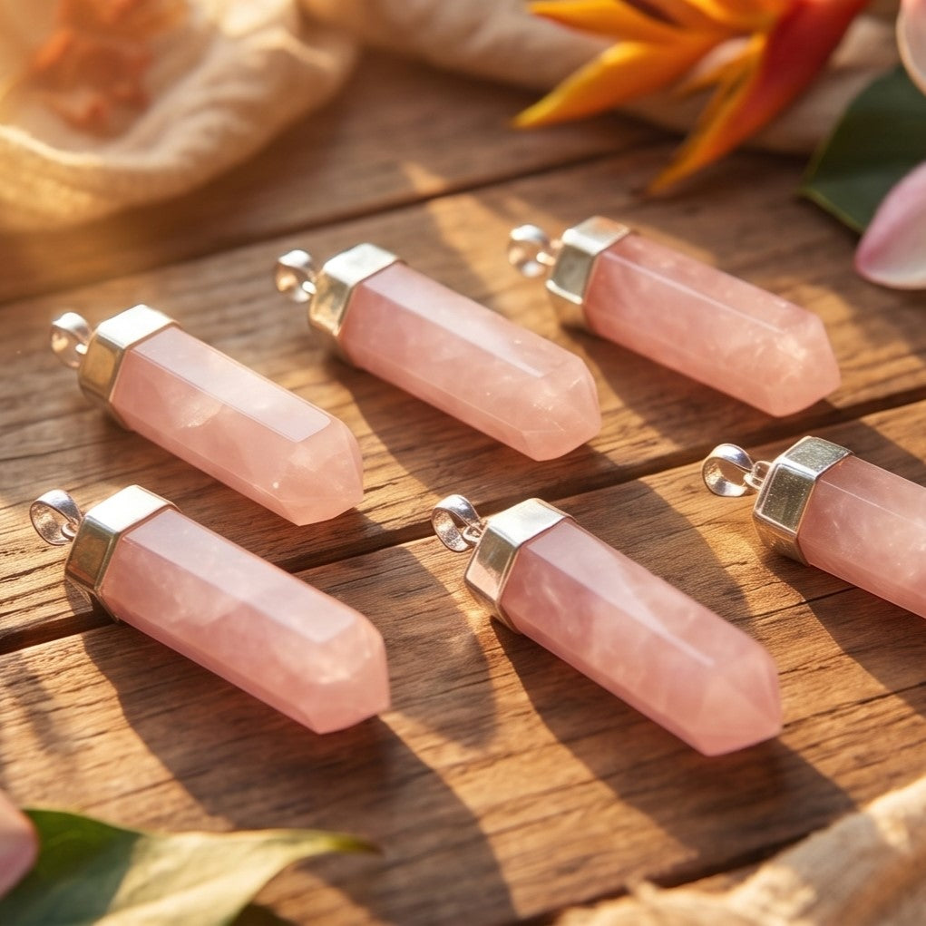 Pink Rose Quartz Crystal Point Faceted Pendant (Silver Plated)