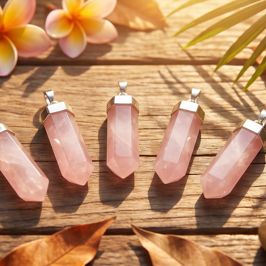 Pink Rose Quartz Crystal Point Faceted Pendant (Silver Plated)