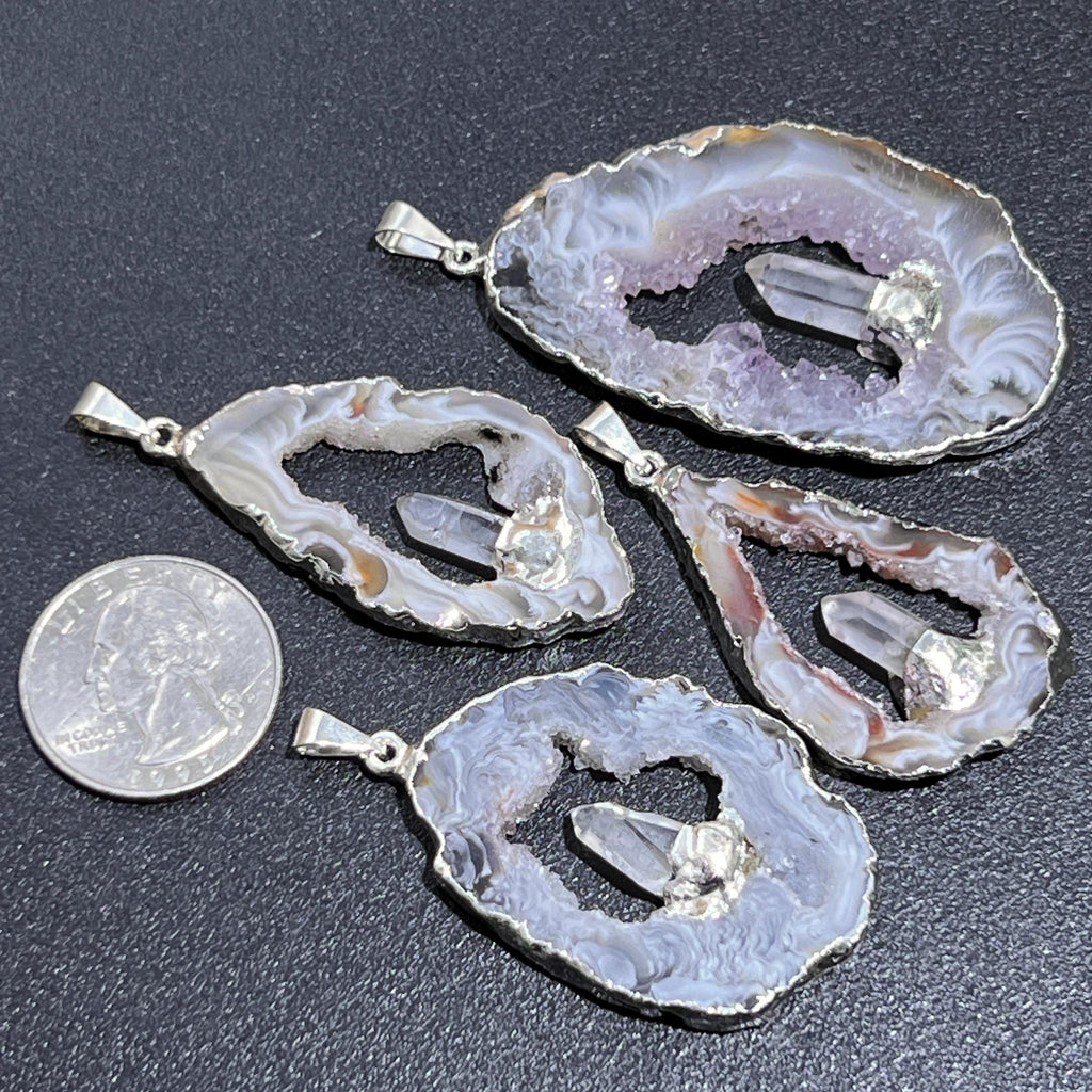 Large Brazilian Oco Geode Pendant Silver Plated with Clear Quartz