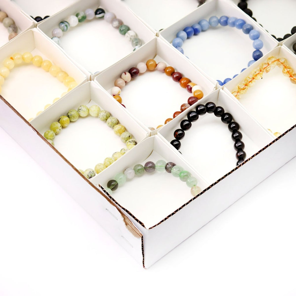 Assorted Gemstone Round Bead Stretch Bracelets (8 mm) (24 Piece Flat)