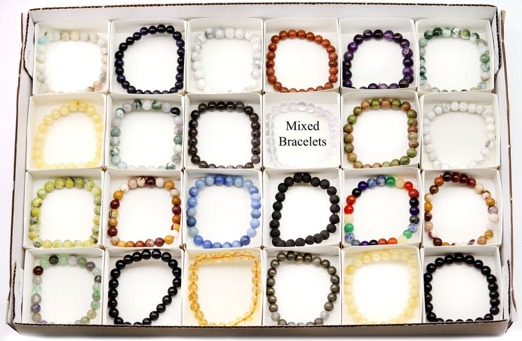 Assorted Gemstone Round Bead Stretch Bracelets (8 mm) (24 Piece Flat)