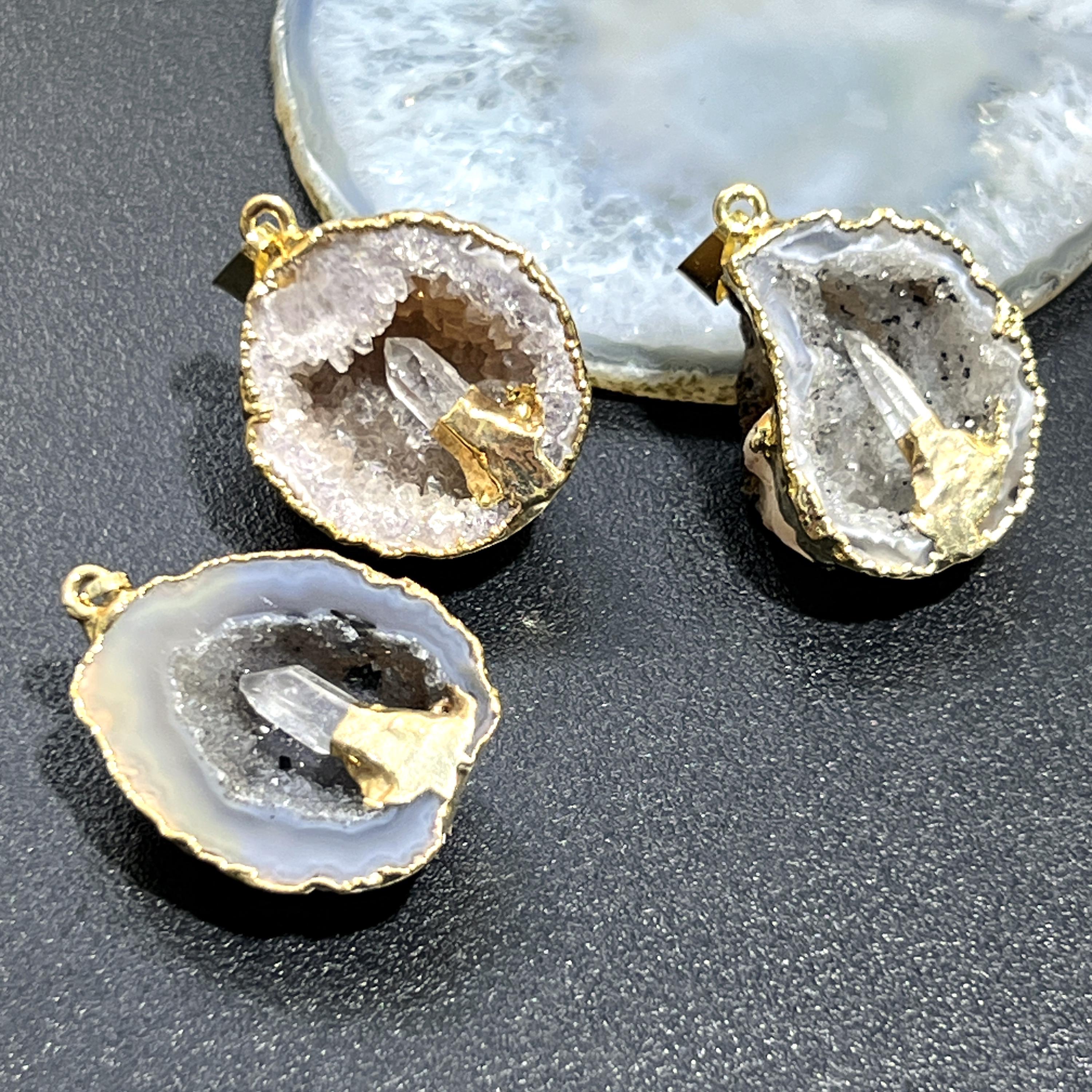 Oco Geode Druzy Crystal Pendant with Quartz Point (Gold Plated)