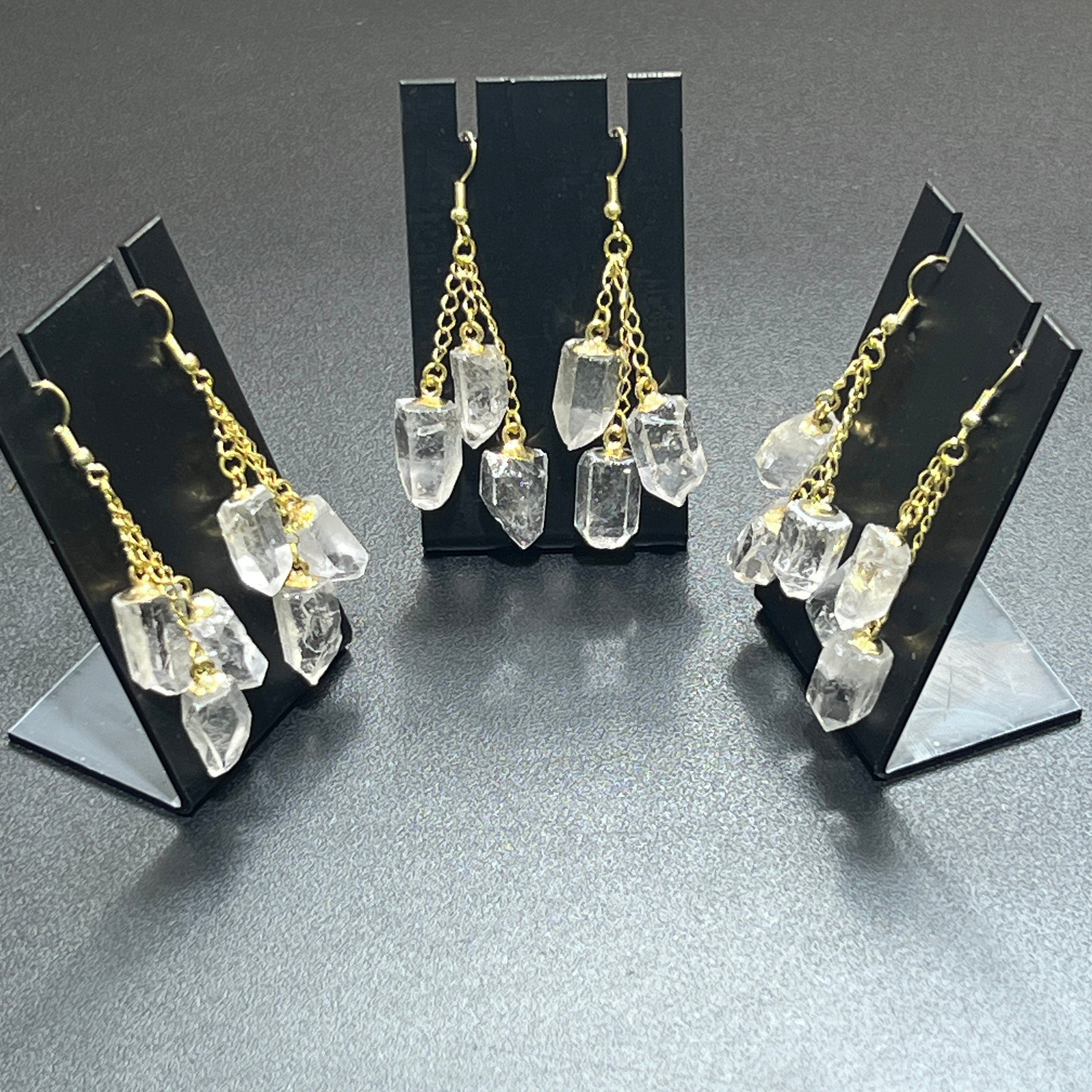 Quartz Triple Crystal Long Earrings Pair (Gold Stainless Hooks)