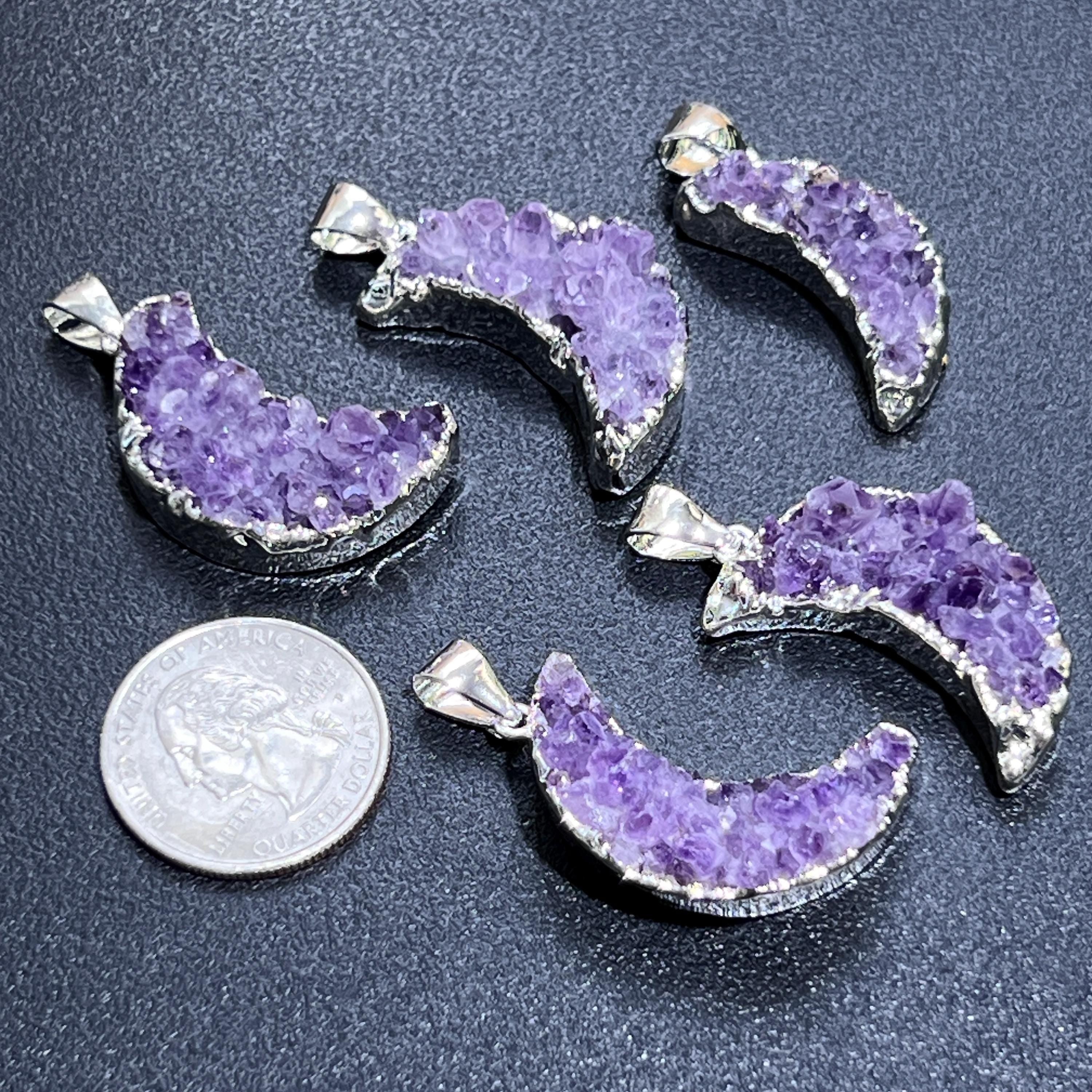 Crescent Moon Pendant (Amethyst Druzy Crystal)(Silver Plated)
