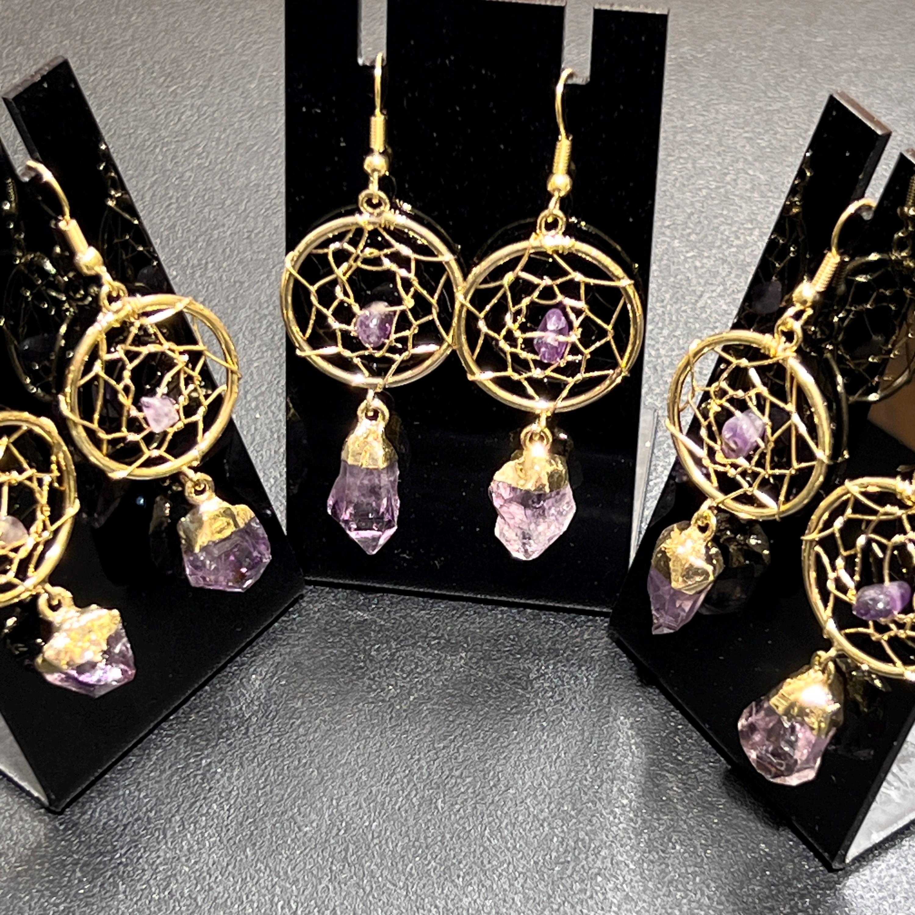 DreamCatcher Earrings Pair (Amethyst Crystal)(Gold Plated)(Stainless Steel Hooks)