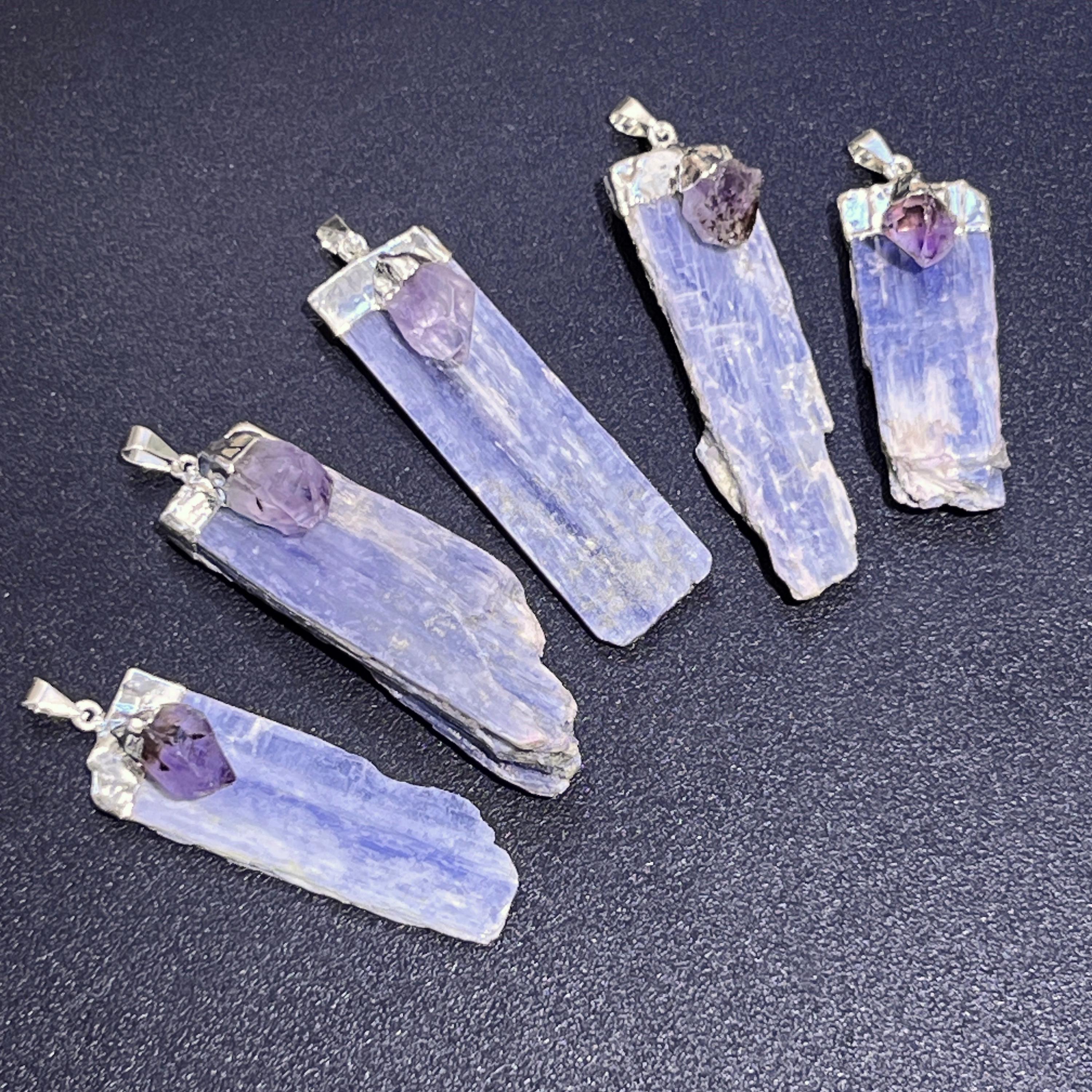Kyanite Amethyst Crystal Point Pendant (Silver Plated)