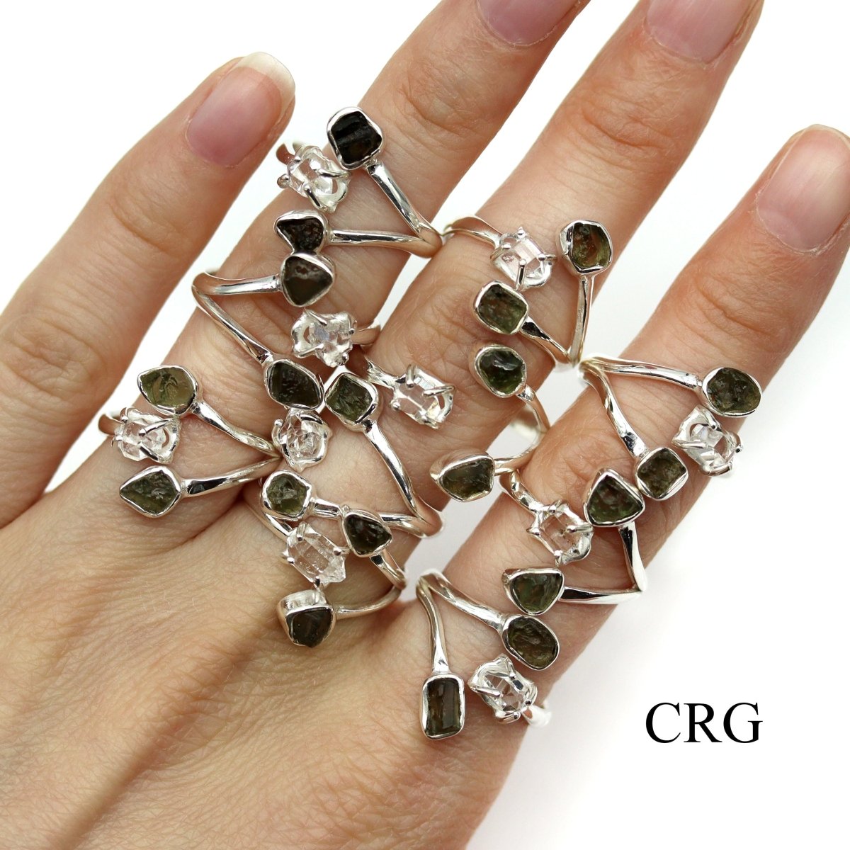 30 GRAM LOT - Moldavite and Herkimer 925 Sterling Silver Rings / ADJUSTABLE