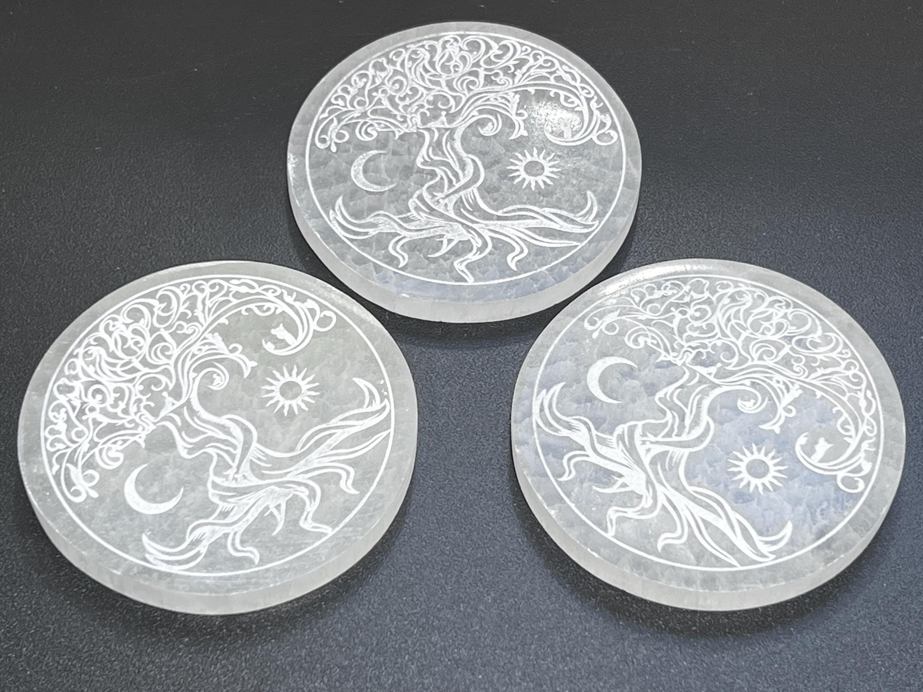 Selenite Crystal Tree Of Life Round Circle Plate (4 Inch) Gemstone Decor Supply