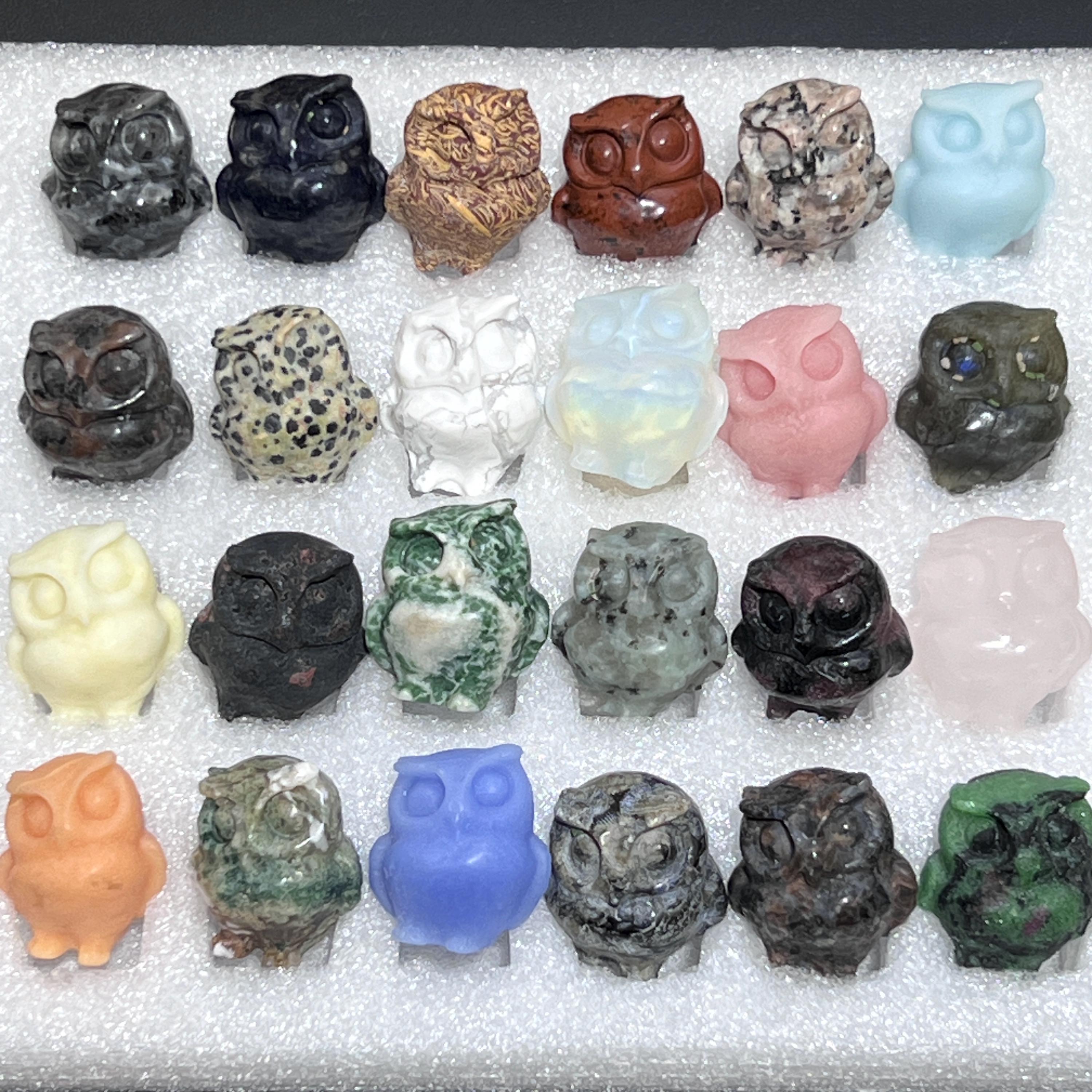 Mixed Gemstone Owl Carving Collection ( 24 Pcs ) Bulk Wholesale Assorted Flat Box
