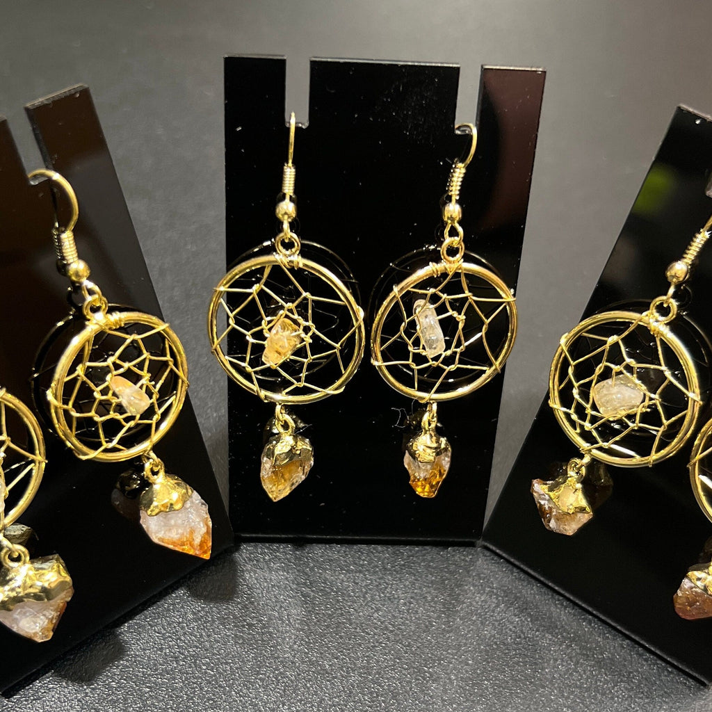 DreamCatcher Earrings Pair (Citrine Crystal)(Gold Plated)(Stainless Steel Hooks)