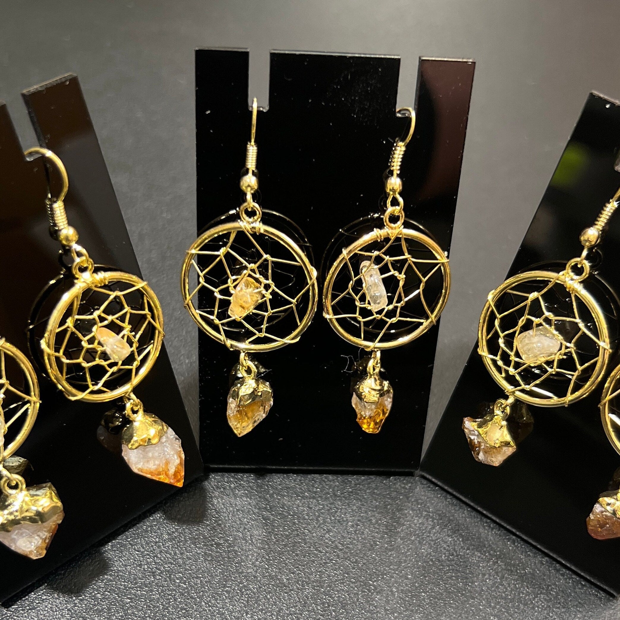 DreamCatcher Earrings Pair (Citrine Crystal)(Gold Plated)(Stainless Steel Hooks)