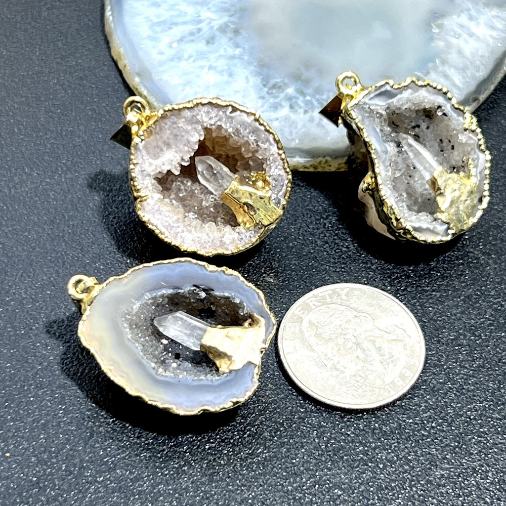 Oco Geode Druzy Crystal Pendant with Quartz Point (Gold Plated)