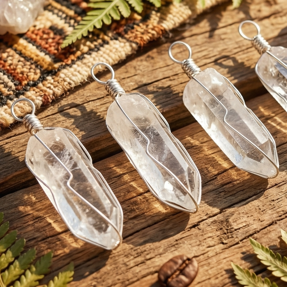 Quartz Crystal Point Wire Wrapped Pendant (Silver Plated)
