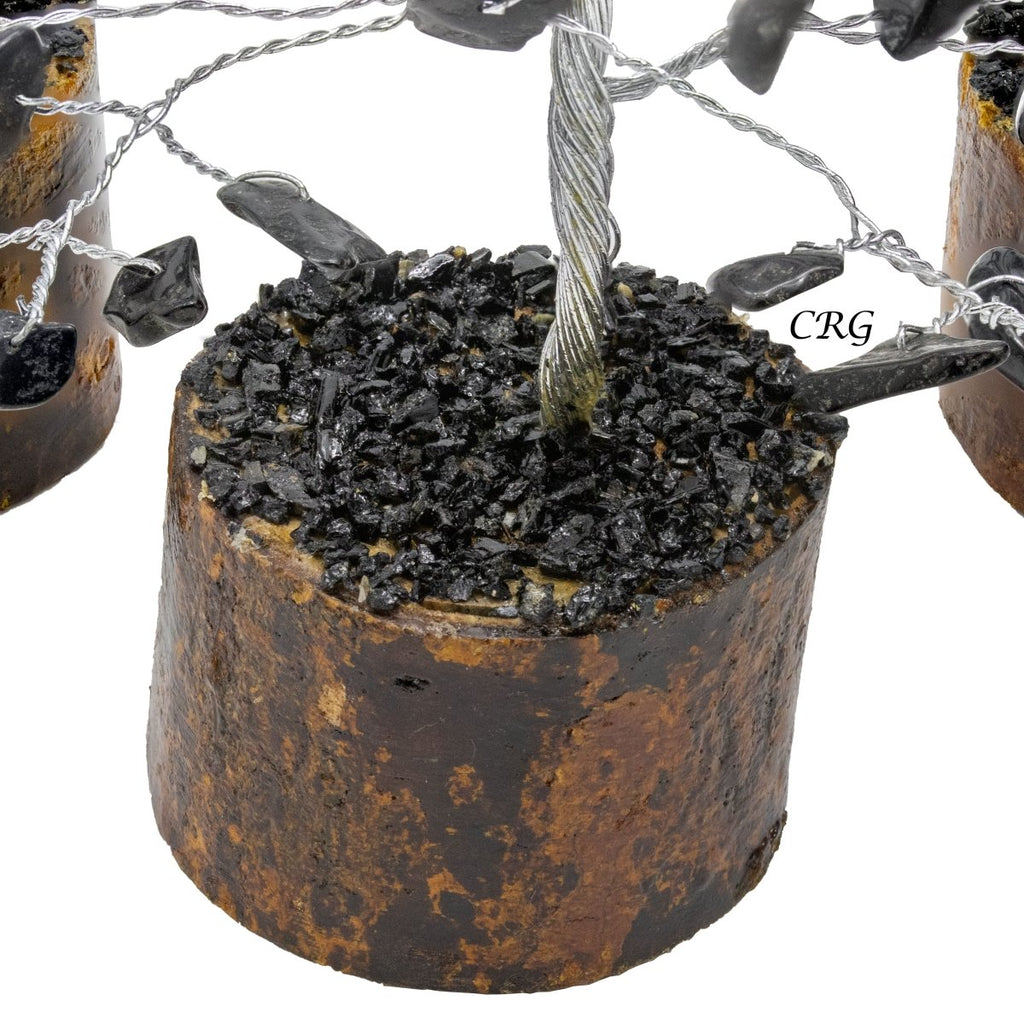 Black Tourmaline 100 Chip Tree with Wood Base and Silver Wire (4 Pieces) Size 6 Inches Gemstone Tree