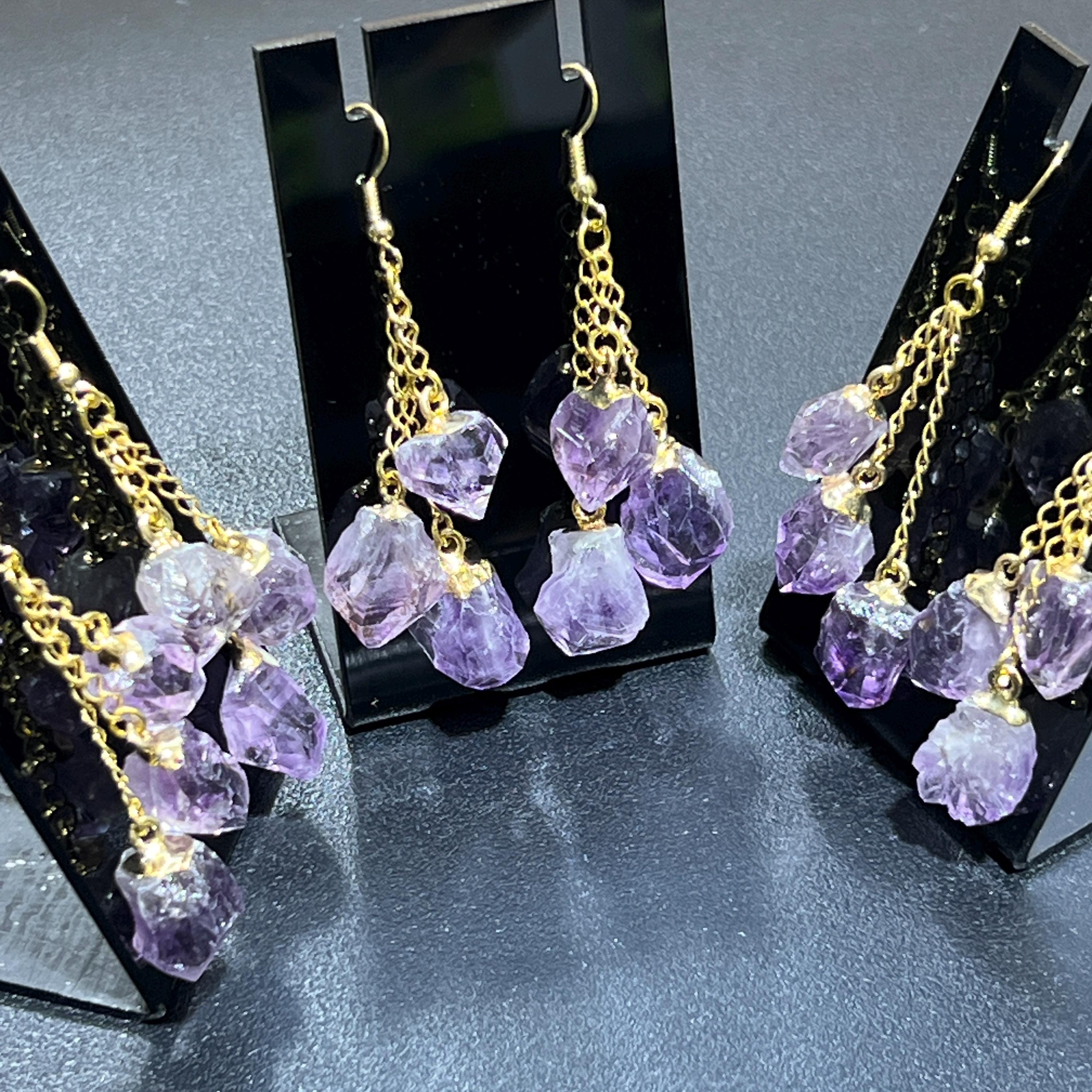 Long Dangle Amethyst Triple Crystal Point Earrings Pair (Gold Plated)