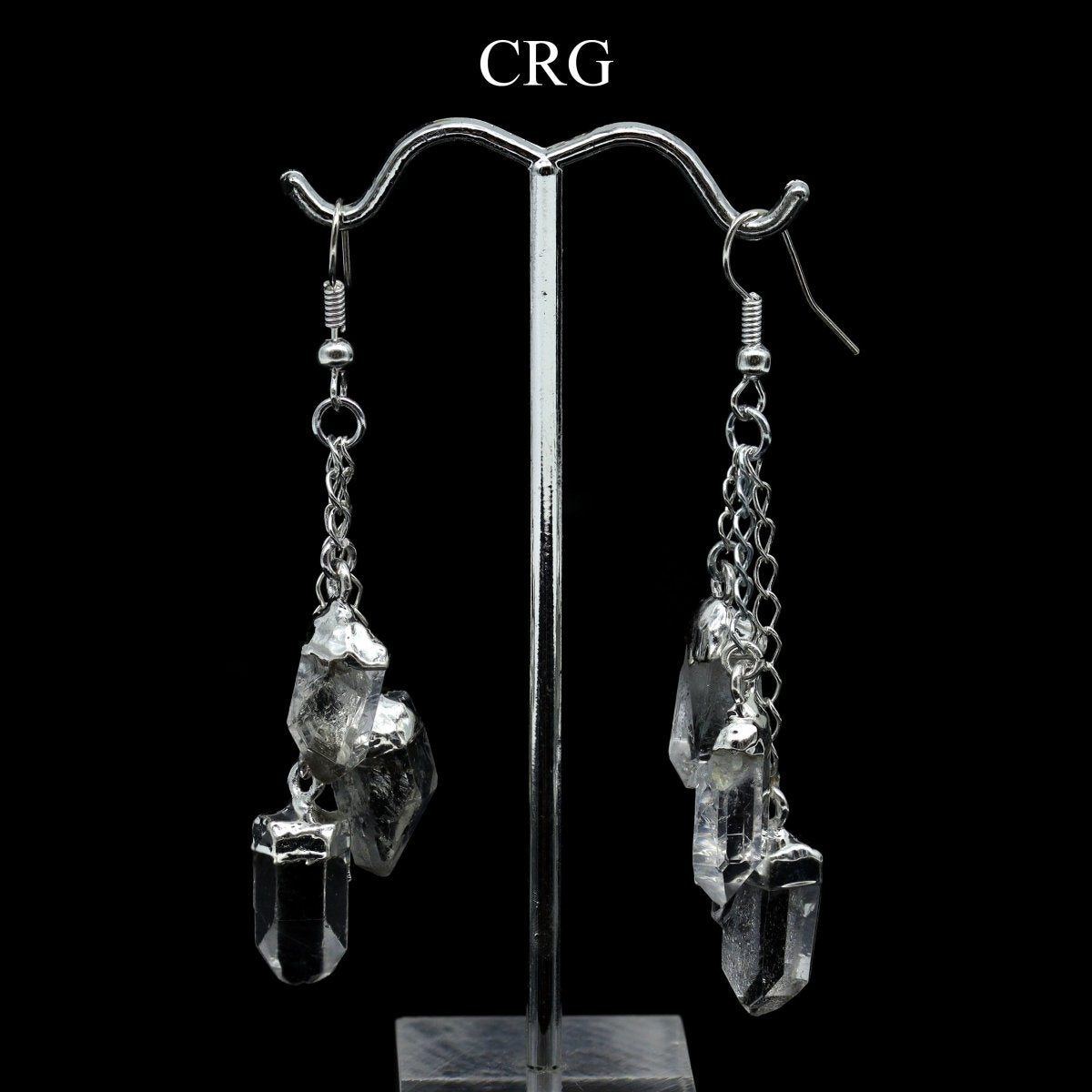 Clear Quartz Triple Point Earrings with Silver Plating (2 Inches) (1 Pair)