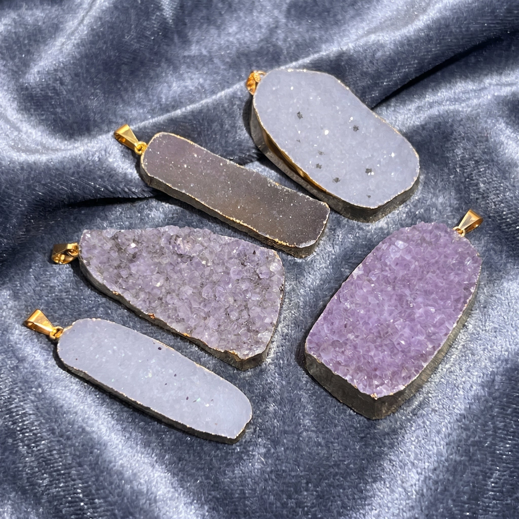 Large Agate and Amethyst Druzy Crystal Statement Pendants (Gold Plated)