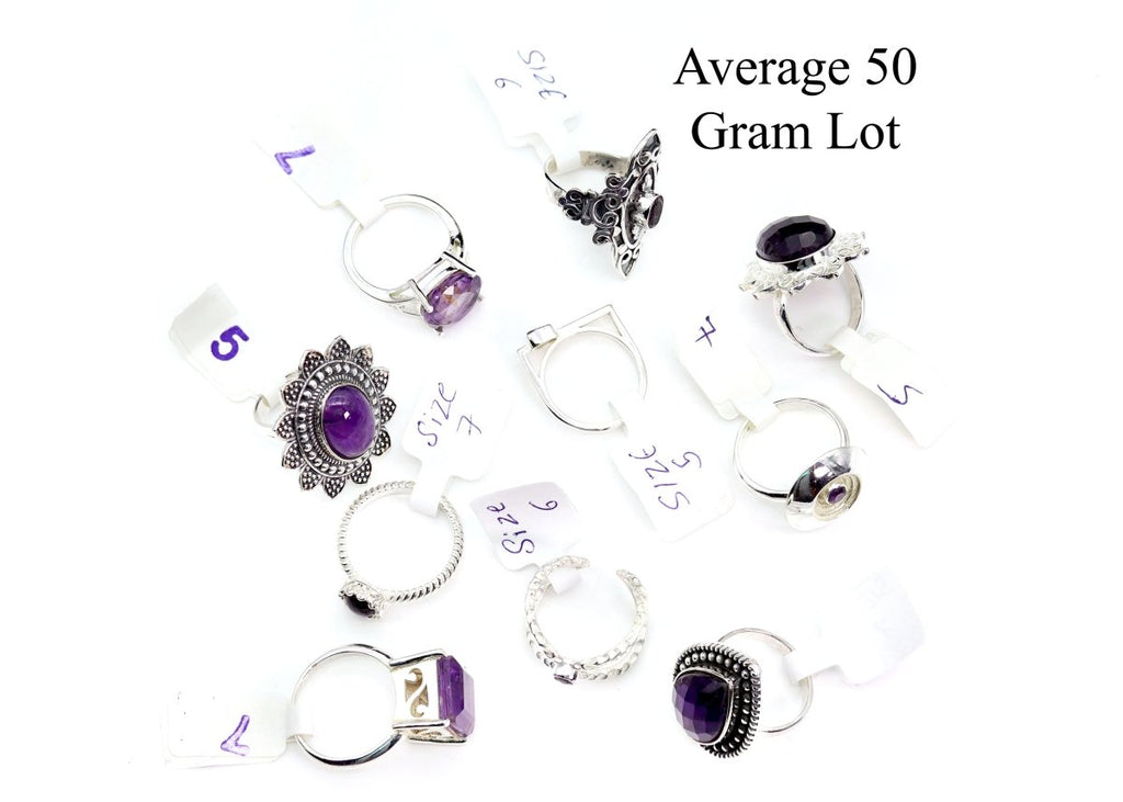Amethyst 925 Sterling Silver Gemstone Rings (Mixed Sizes) (50 Gram Lot)