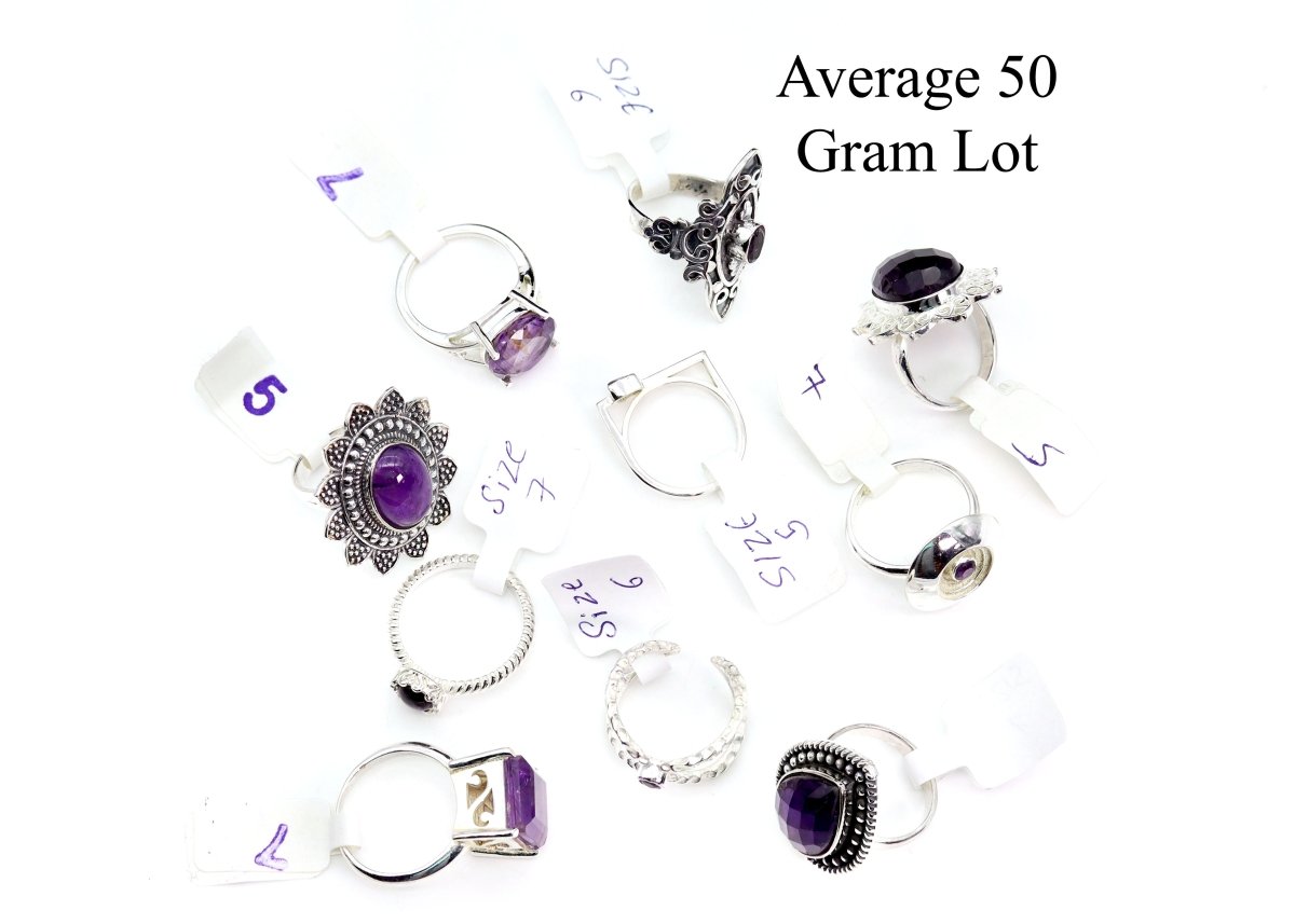 Amethyst 925 Sterling Silver Gemstone Rings (Mixed Sizes) (50 Gram Lot)