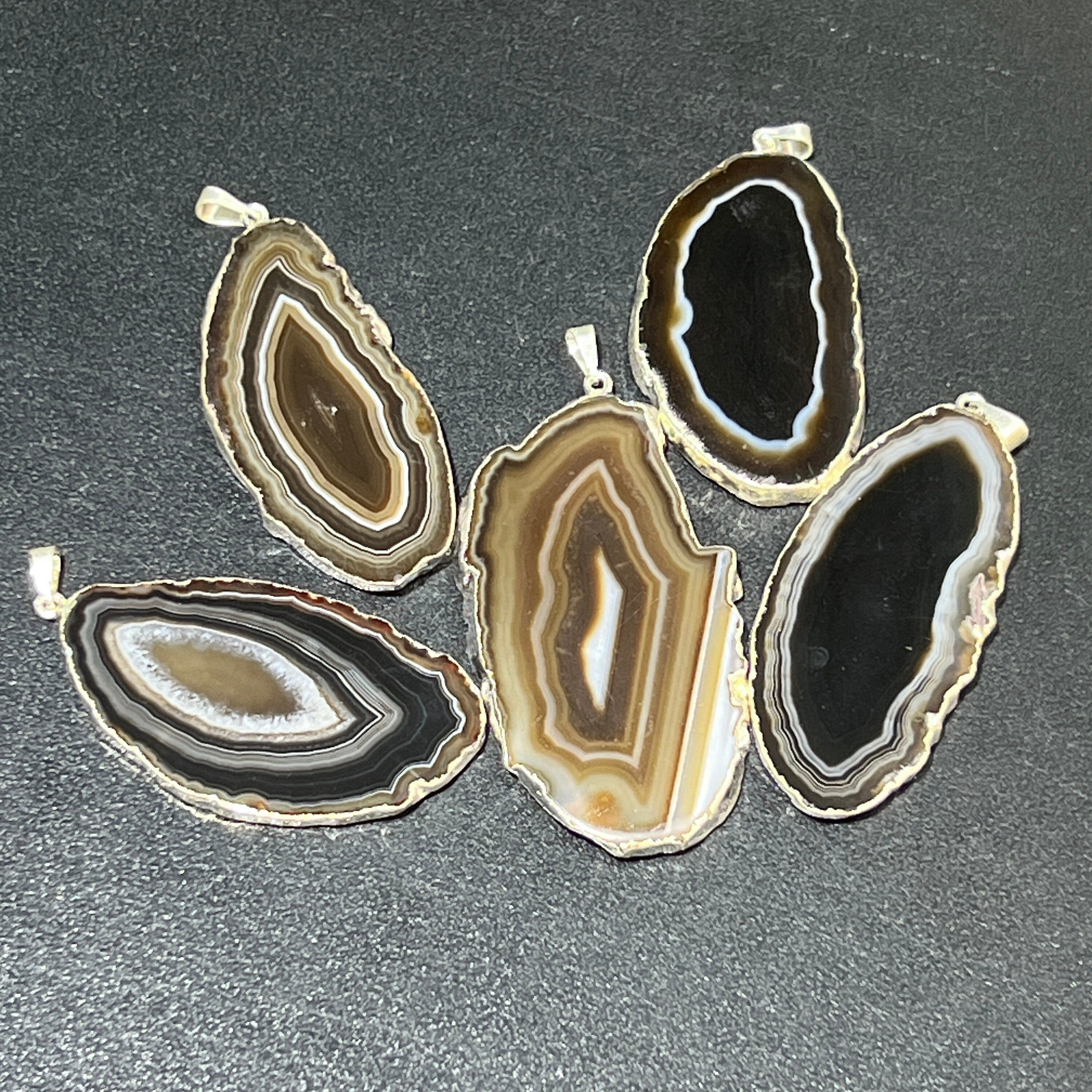 Agate Slice Pendants (Black / Brown)(Silver Edges) Wholesale