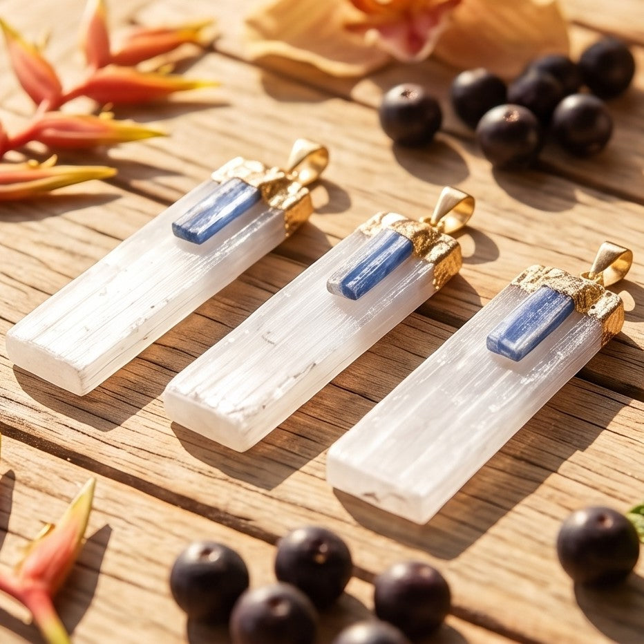 Selenite Kyanite Crystal Pendant (Gold Plated)