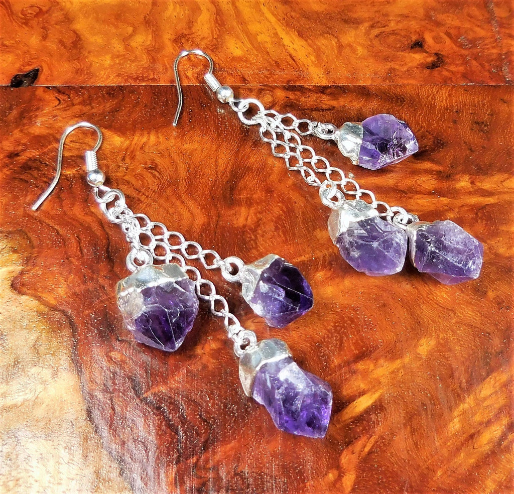 Amethyst Triple Crystal Earrings Pair (Stainless Steel Silver Hooks)