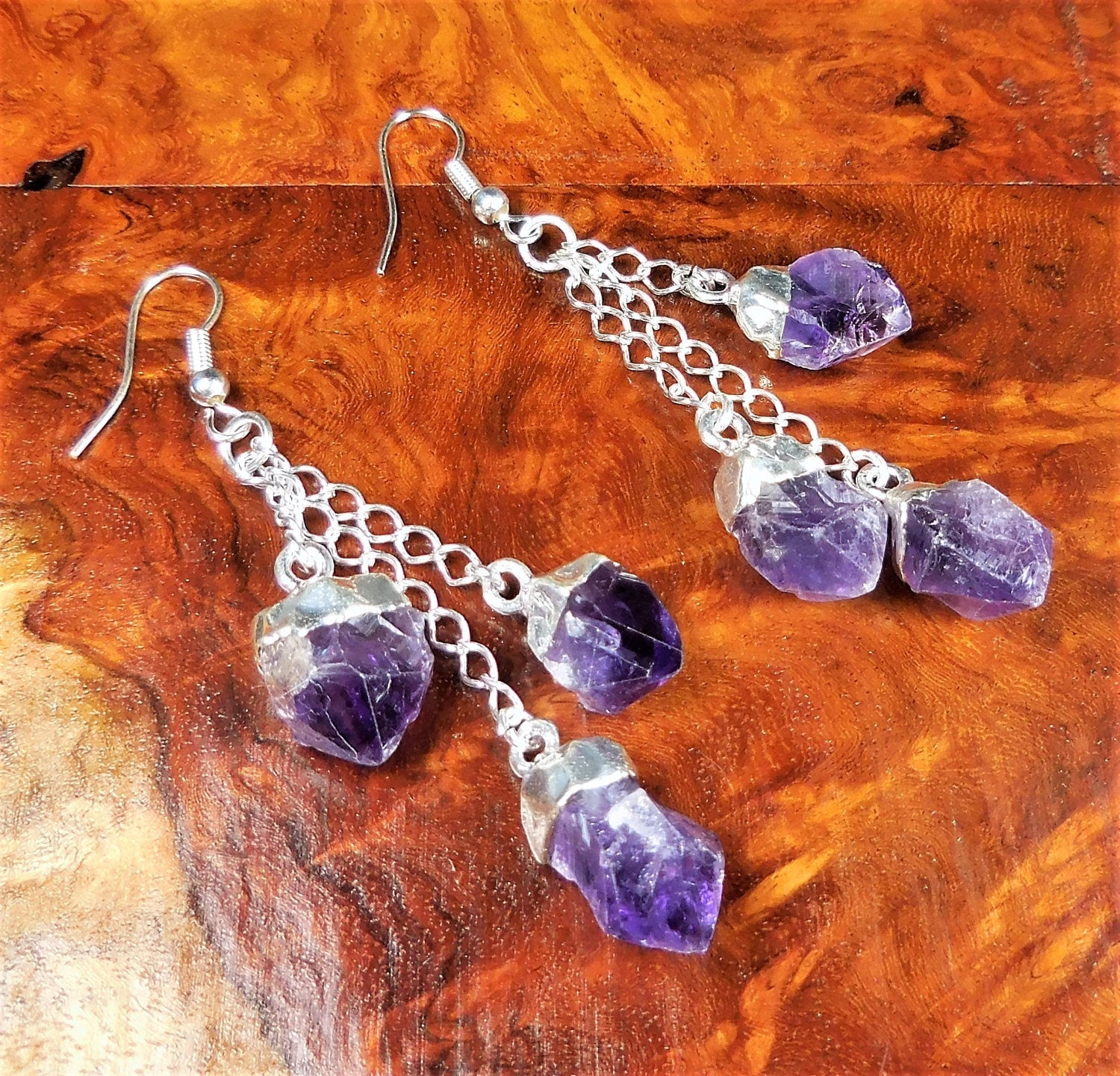 Amethyst Triple Crystal Earrings Pair (Stainless Steel Silver Hooks)