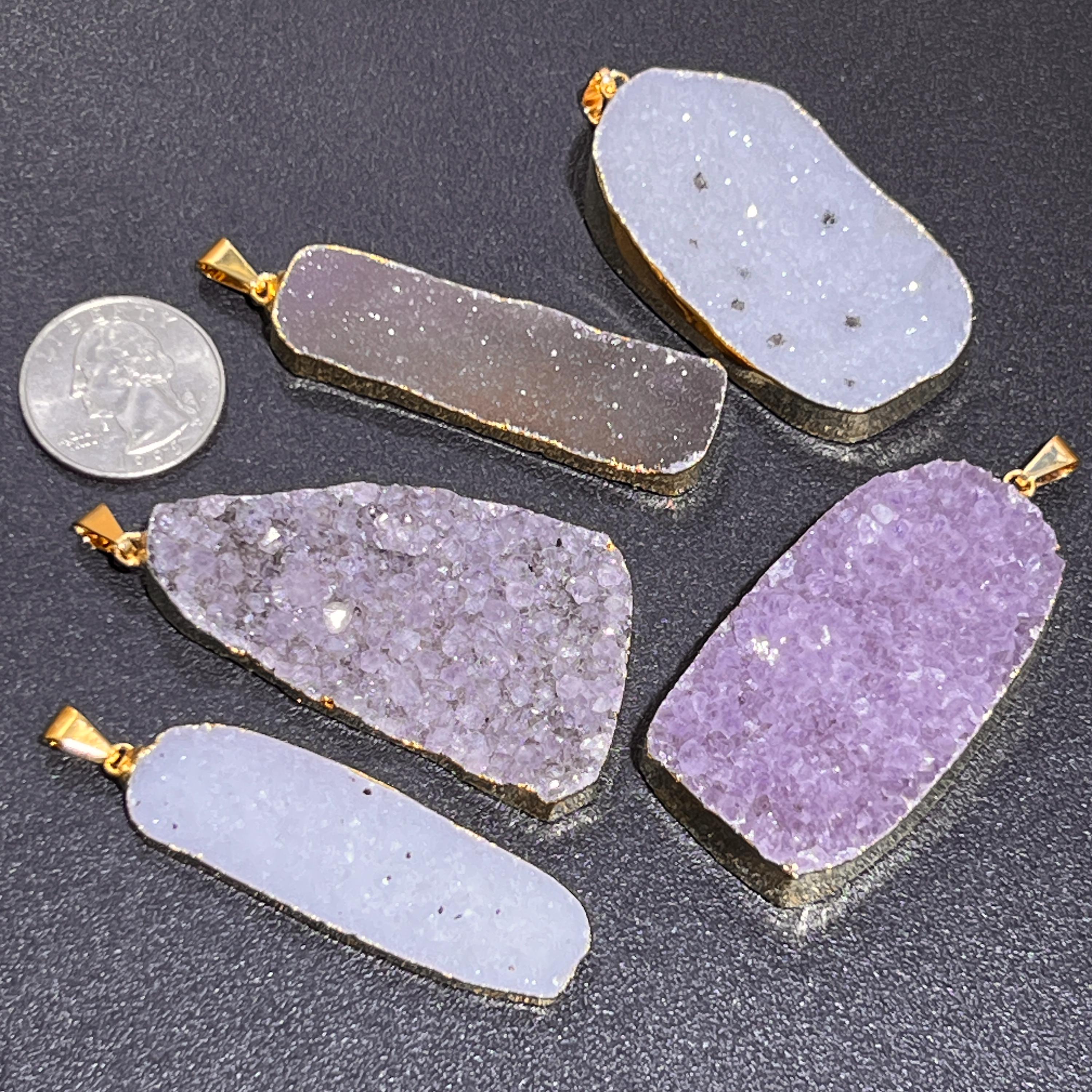 Large Agate and Amethyst Druzy Crystal Statement Pendants (Gold Plated)