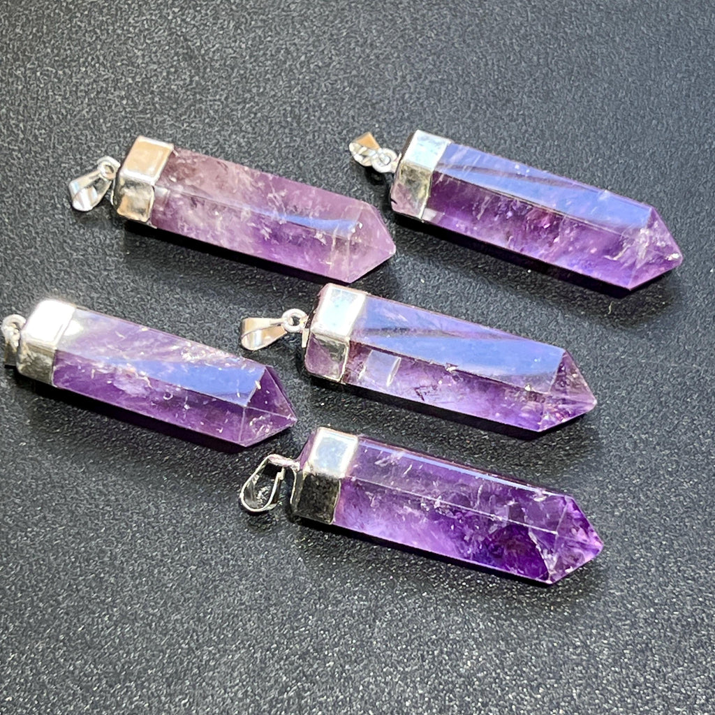 Amethyst Crystal Point Pendant (Silver Plated) Faceted Gemstone Jewelry Necklace Supply