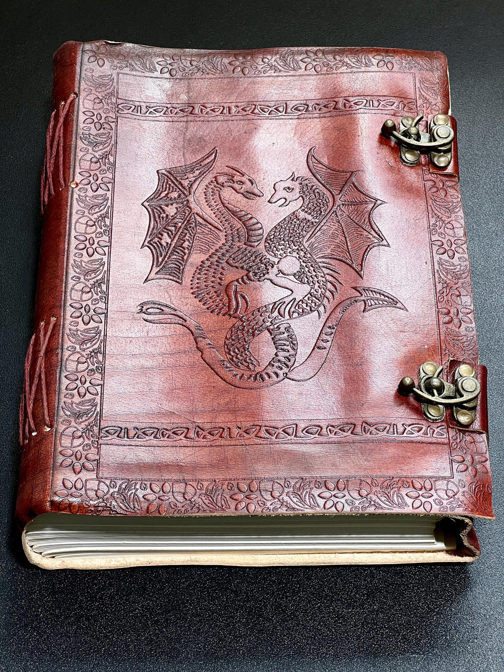 Papyrus Red Dragon Embossed Leather Bound 300 Page Sketchbook Notebook Carving