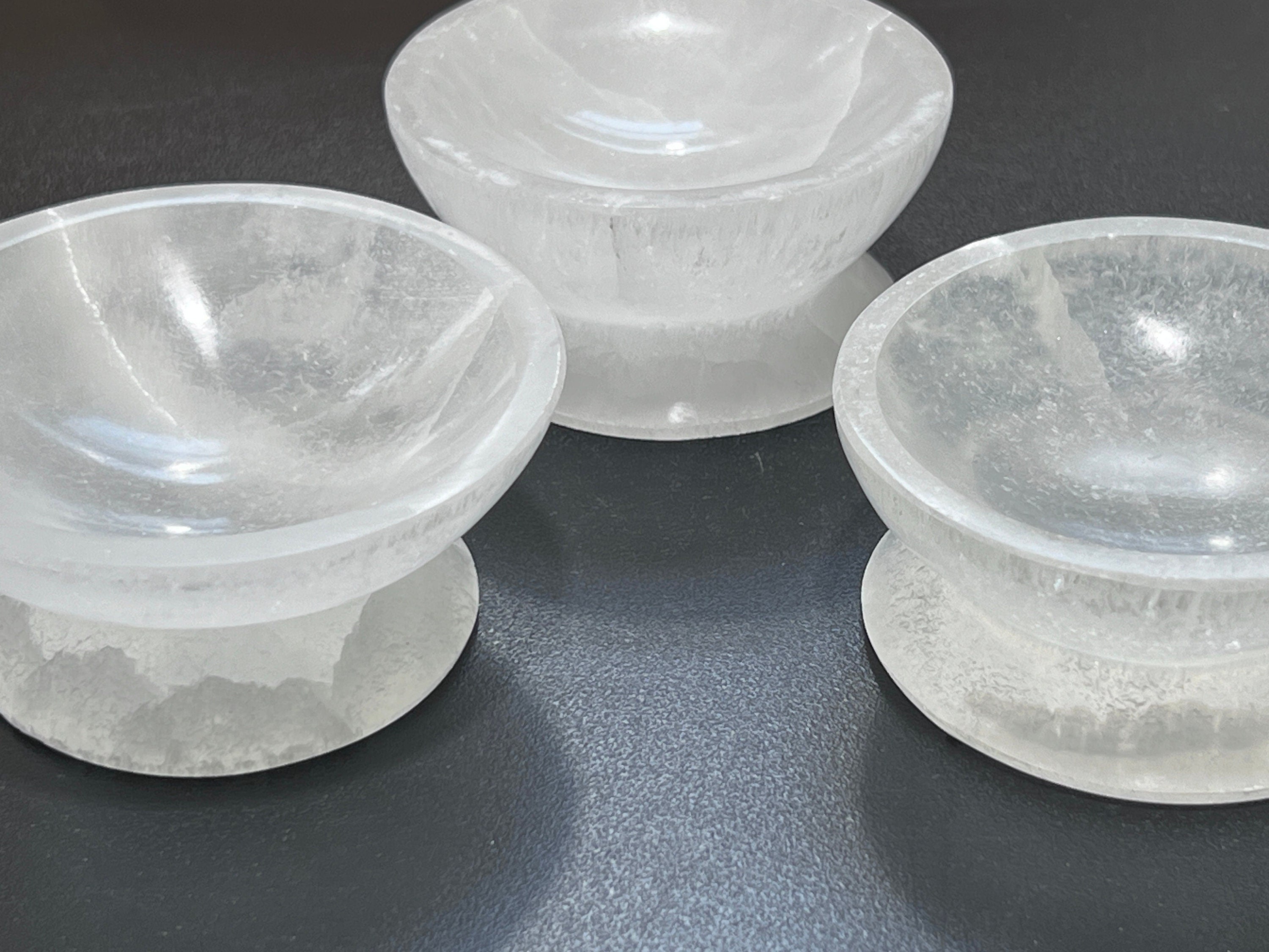 Selenite Satin Spar Crystal Bowl with Pedestal Carving