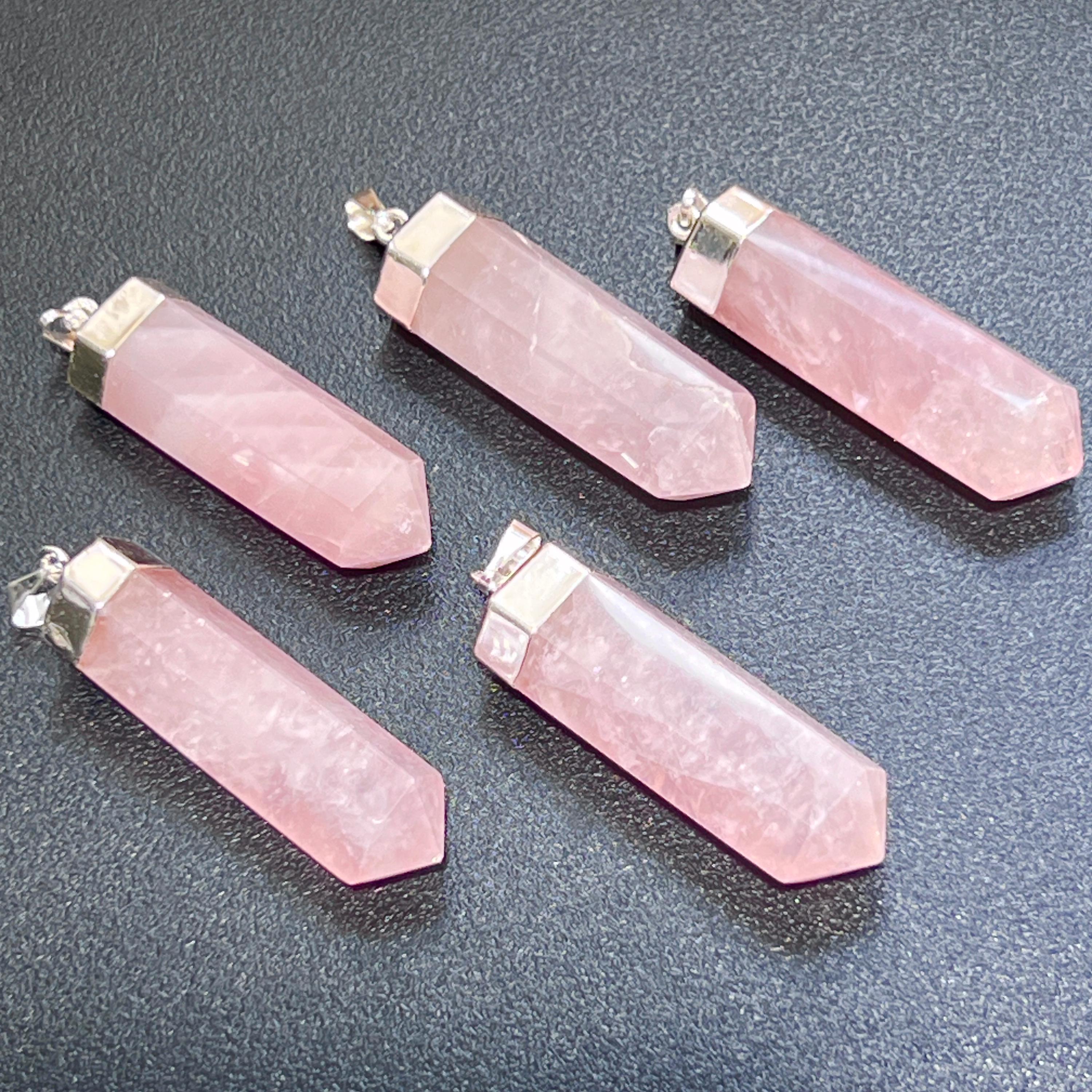 Pink Rose Quartz Crystal Point Faceted Pendant (Silver Plated)