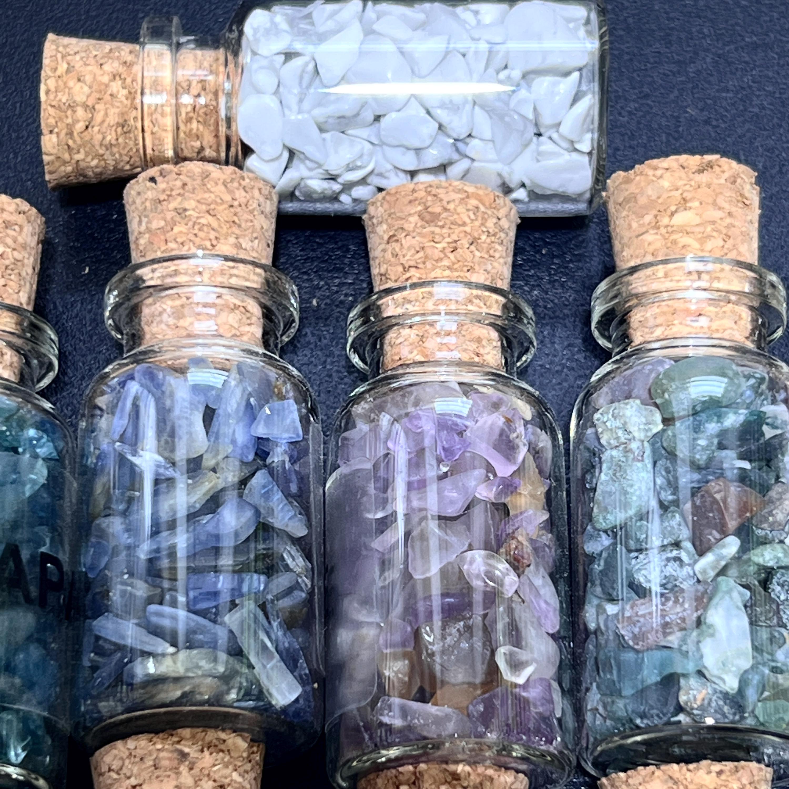 Gemstone Bottle Collection - 15-Piece Natural Rough Crystal Chips Gift Set Box Flat