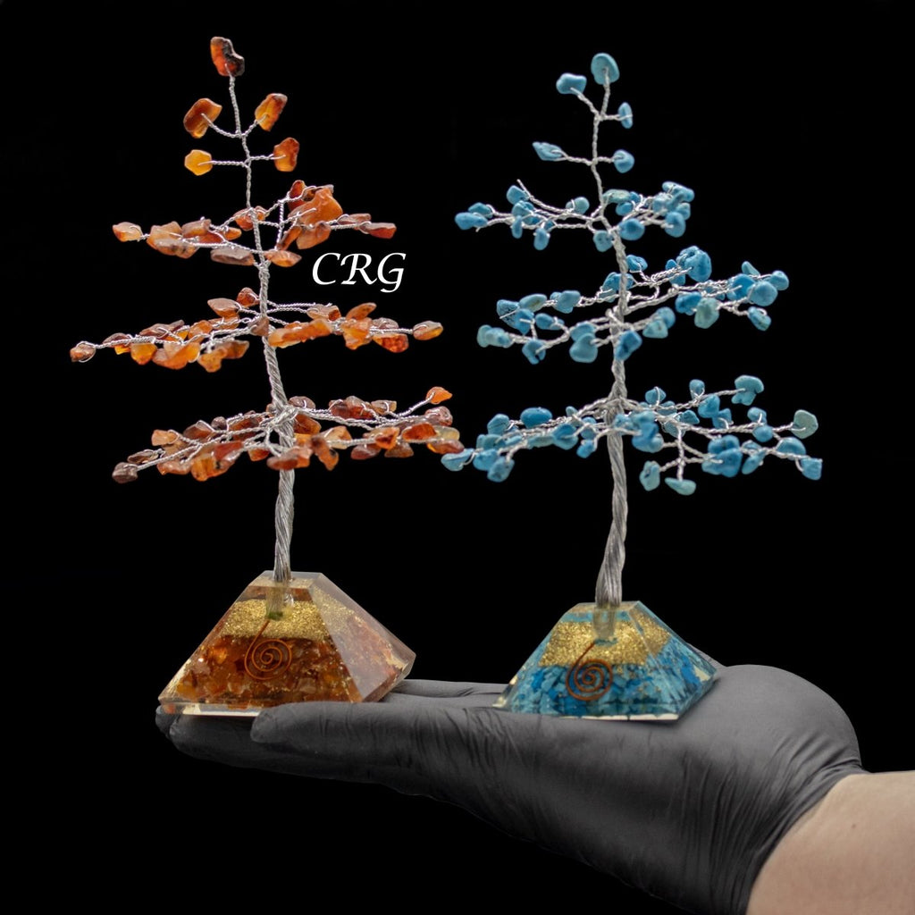 7 Stone 100 Chip Trees with Orgone Pyramid Bases and Silver Wire 7 Inches(7 Pieces)