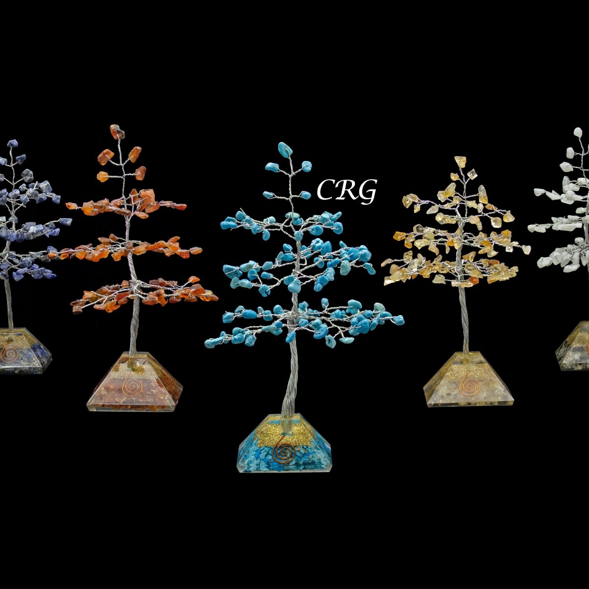 7 Stone 100 Chip Trees with Orgone Pyramid Bases and Silver Wire 7 Inches(7 Pieces)