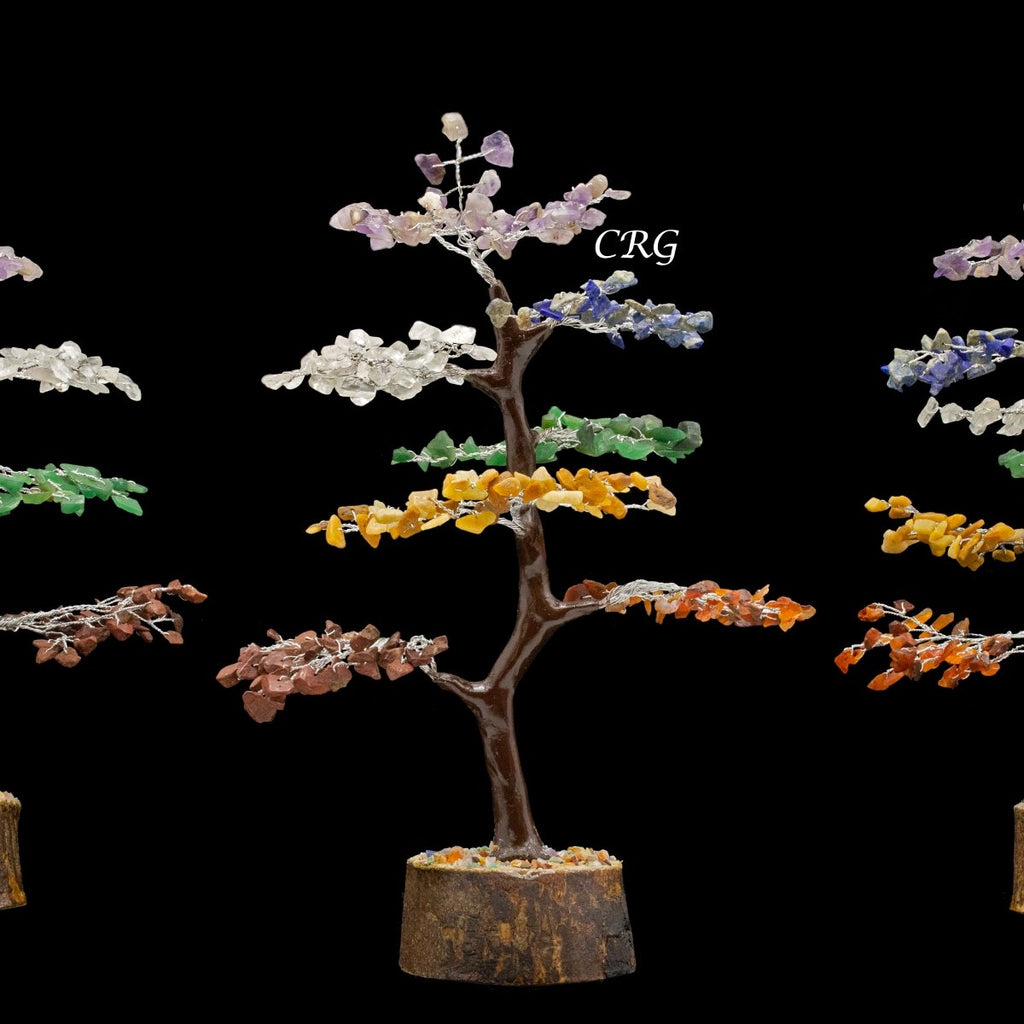 7 Stone 300 Chip Tree with Wood Base and Silver Wire (1 Piece) Size 9 Inches Crystal Gemstone Tree