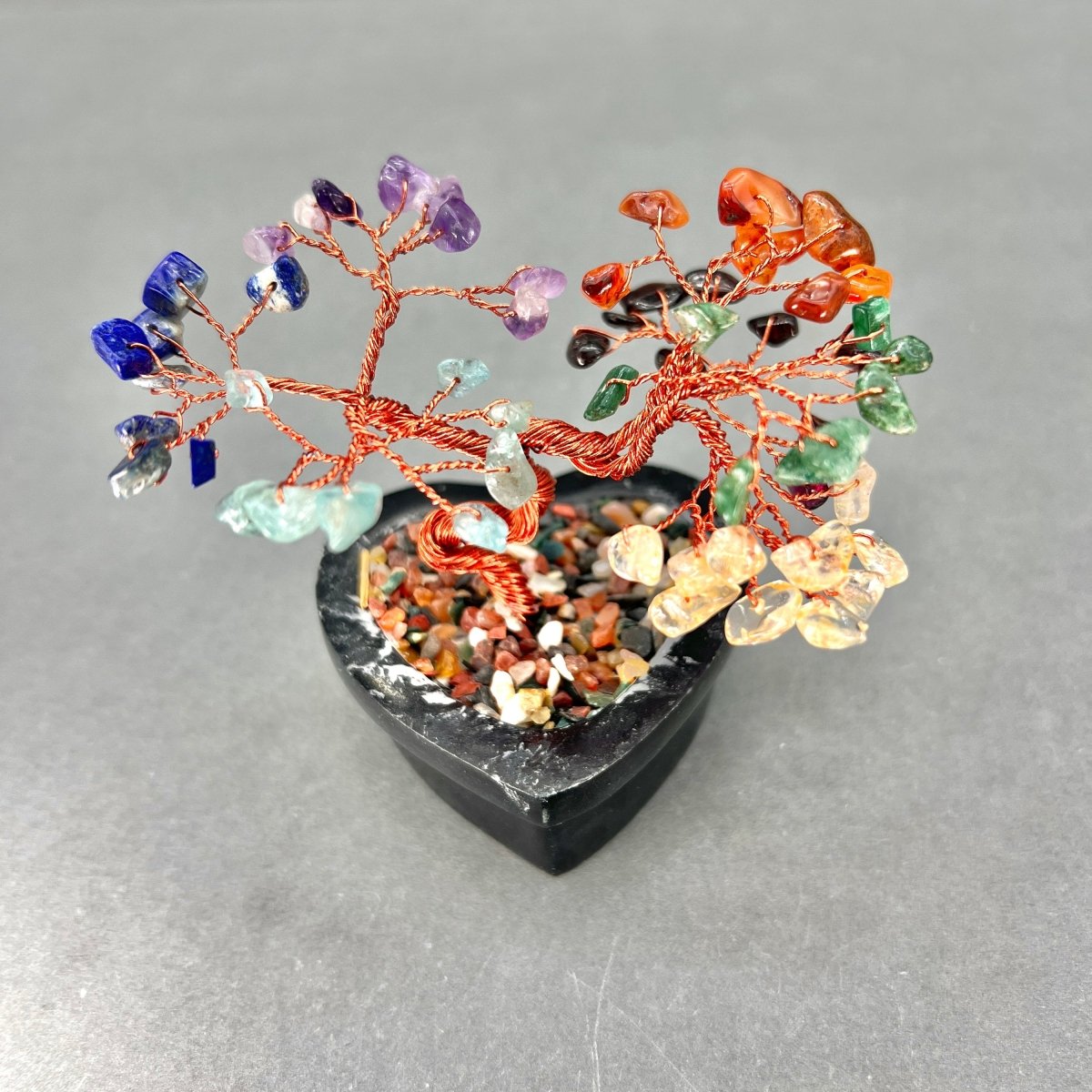 7 Stone Large Gemstone Tree Copper Wire On Soapstone Base (5 To 6 Inches) (Set Of 2) Crystal Chip Style Decorative Display