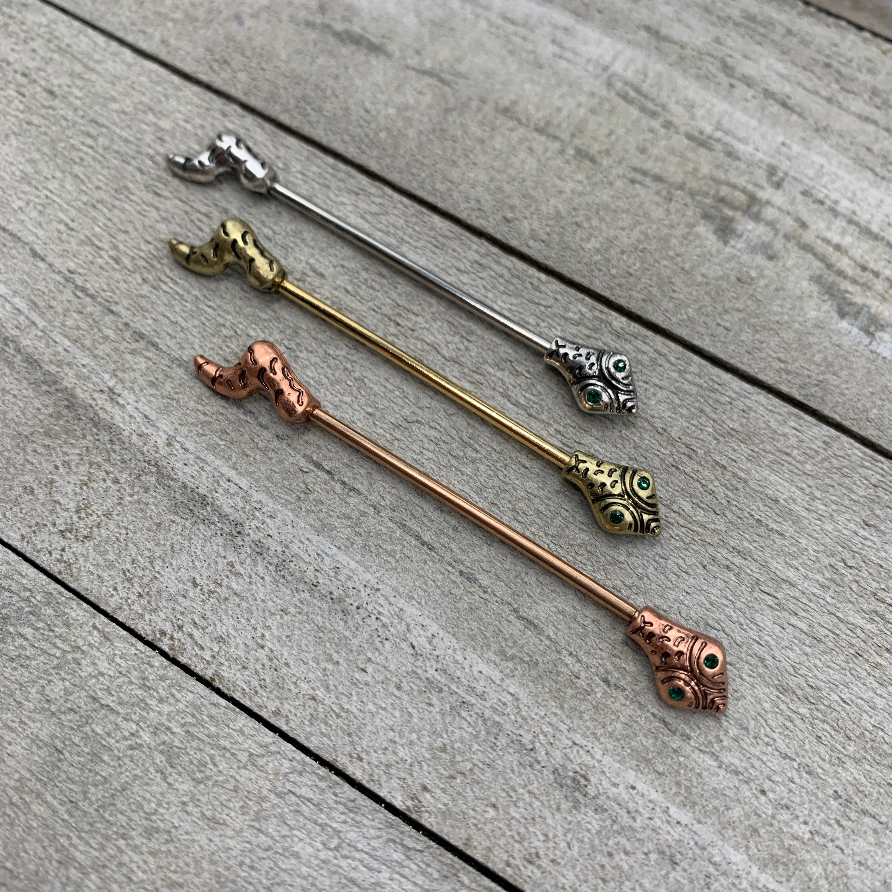 14G Green Gem Rose Gold Tone Tribal Serpent Industrial Barbell 38mm